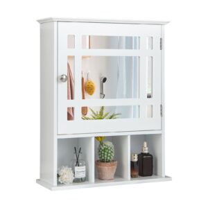 Mirror Door Cabinet with Adjustable Shelf and 3 Compartments-White