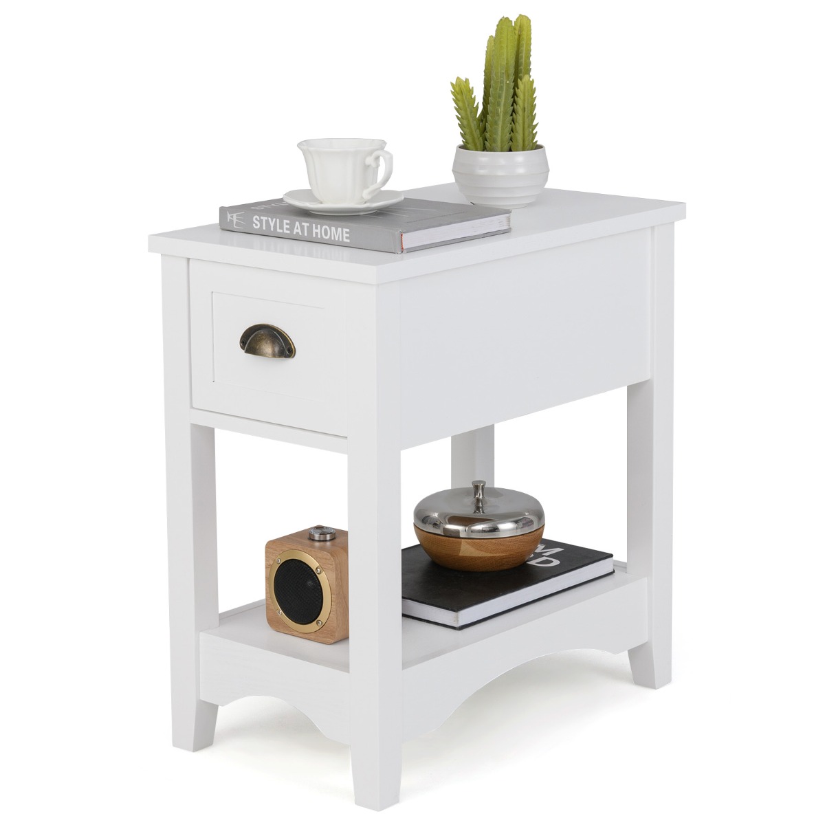 Rectangular Nightstand with 1 Drawer 1 Storing Shelf and 4 Solid Rubber wood Legs-White