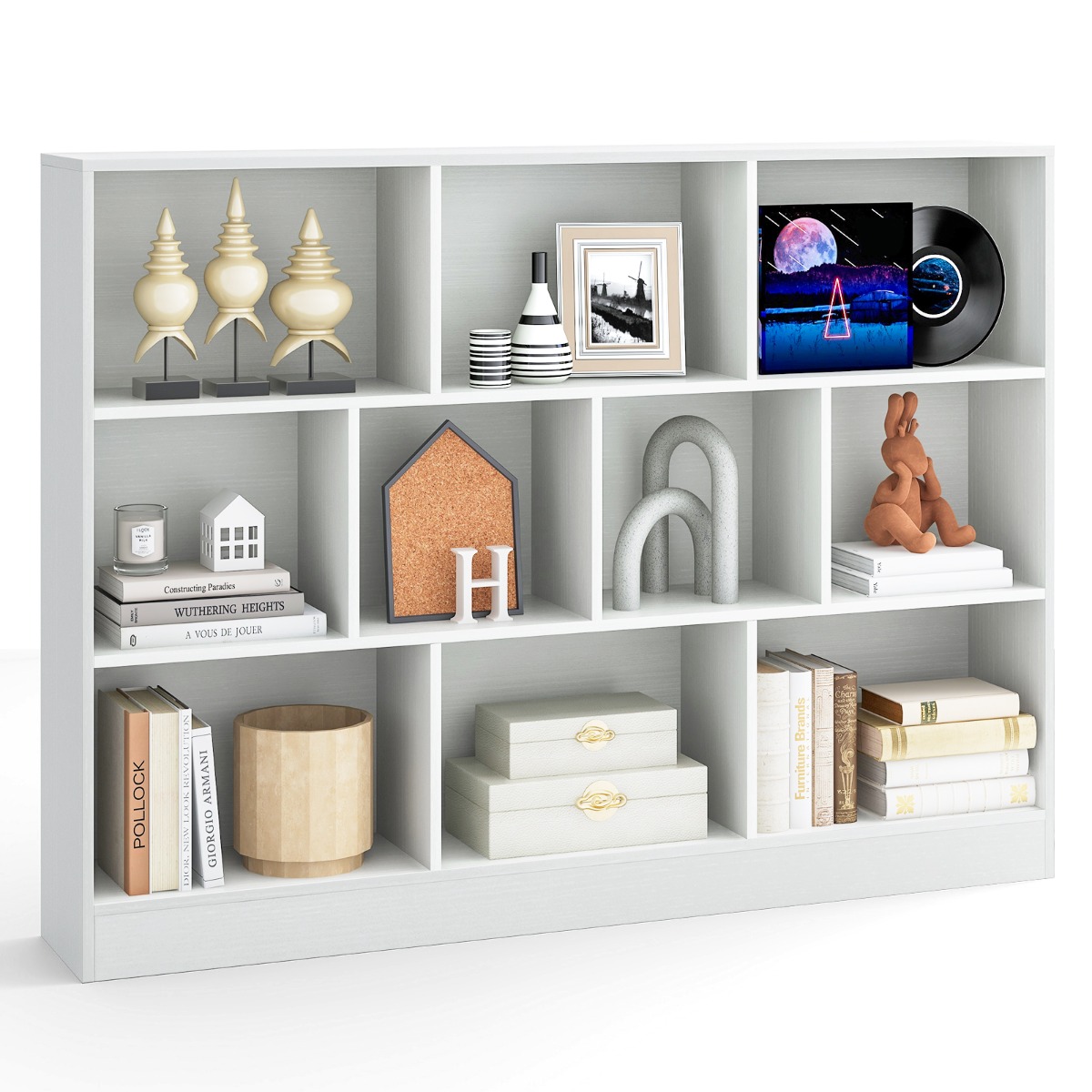 10-Cube Bookshelf with 2 Anti-Tipping Kits for Living Room Kid’s Room-White