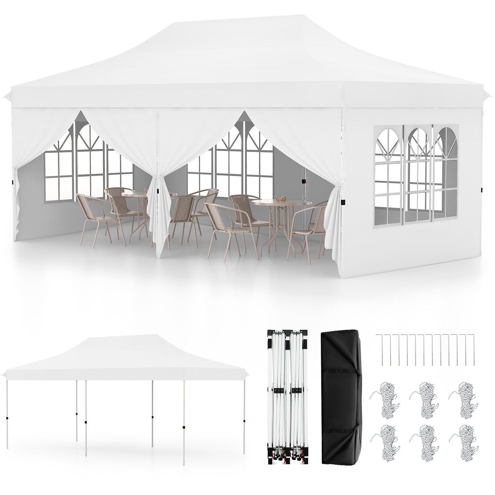 Pop-up Canopy Tent with 6 Detachable Sidewalls and Carrying Bag-White