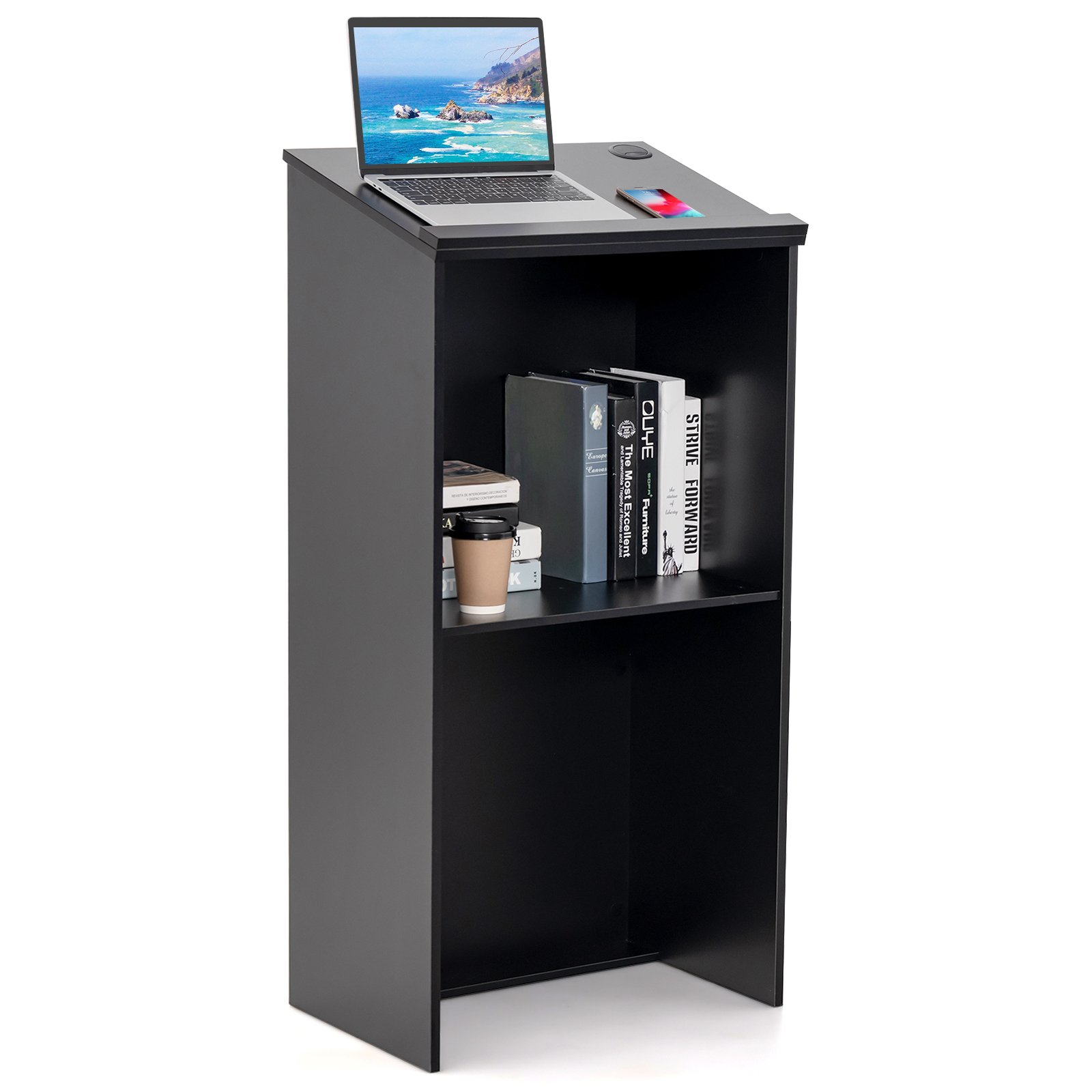 Podium Stand Hostess Stand for Speakers with Storage Shelf-Black