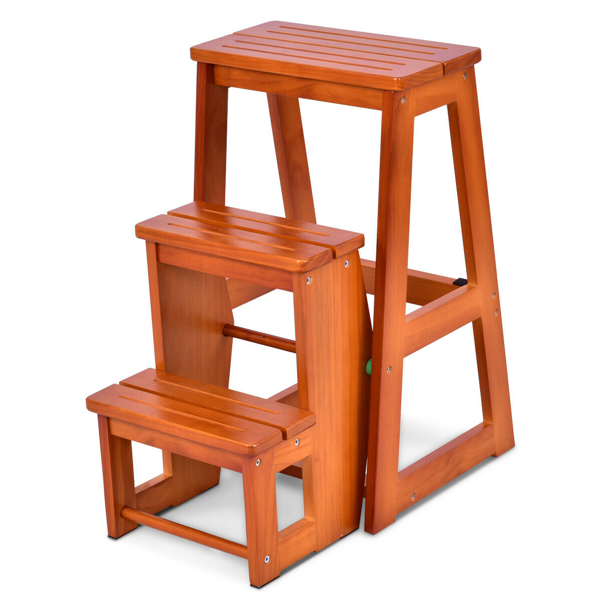 Folding 3 tier Step Stool Wooden Folding Stepladder Shelf-Natural