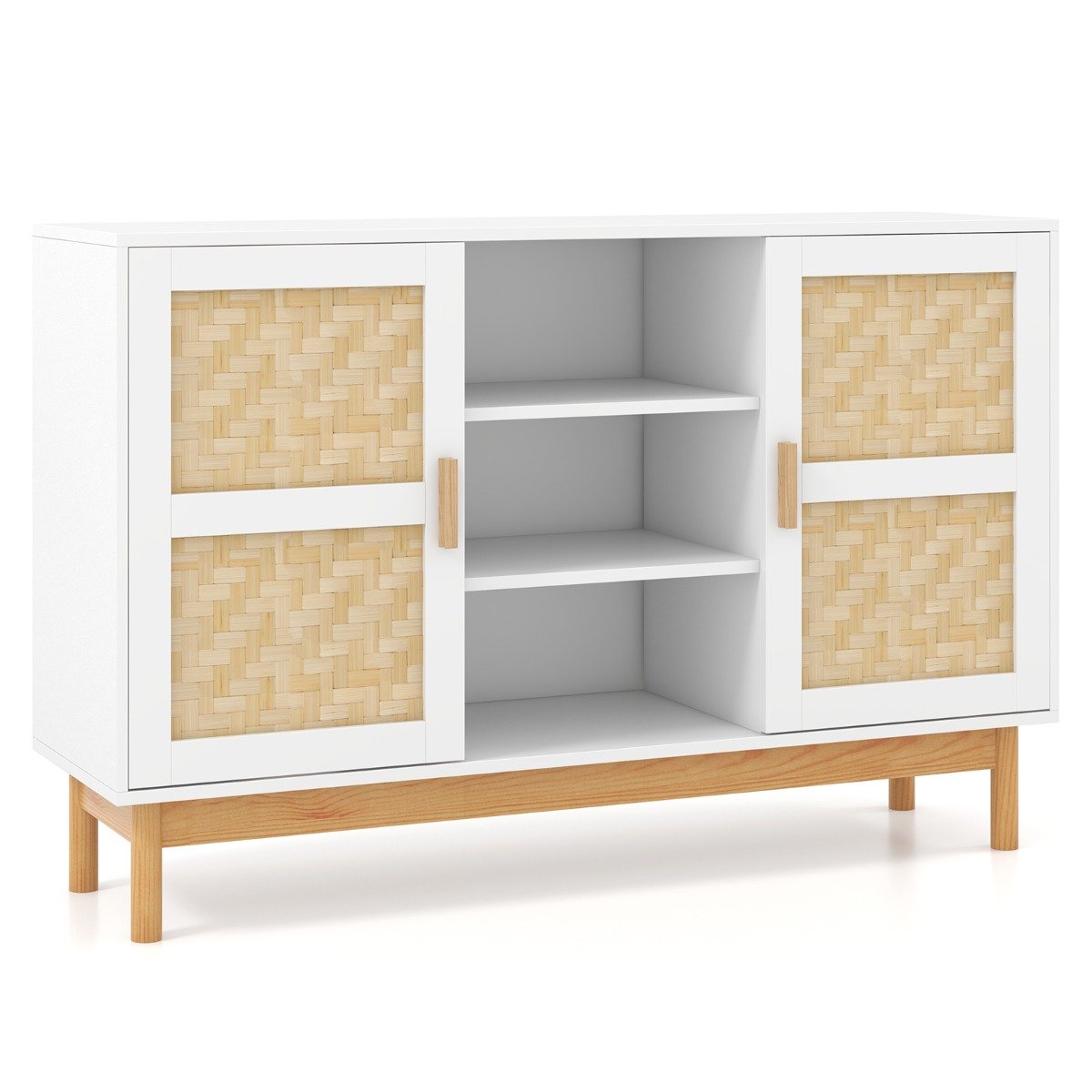 120 CM Sideboard Buffet Cabinet with 2 Bamboo Woven Doors and 3 Open Shelves-White