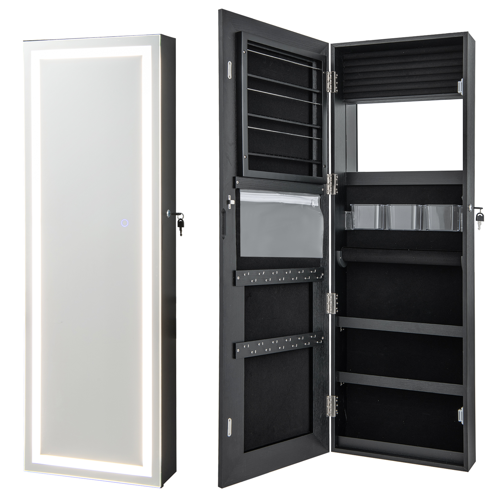 120cm LED Mirror Jewelry Cabinet with 3-Color Lights and Lockable Magnetic Door-Black