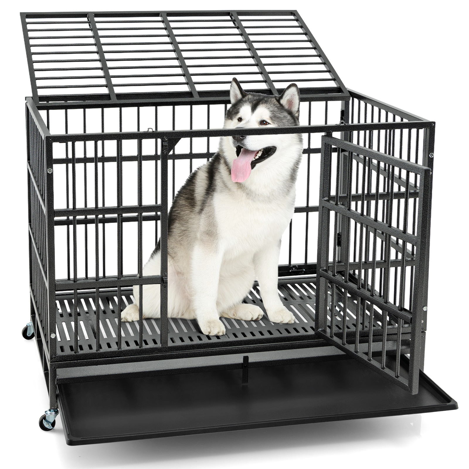 96/120cm Metal Dog Cage Foldable with Double Door and Wheels-L