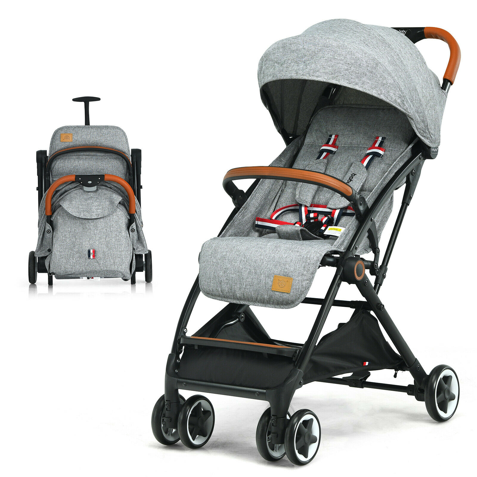 Folding Pushchair with Adjustable Backrest and Footrest-Grey