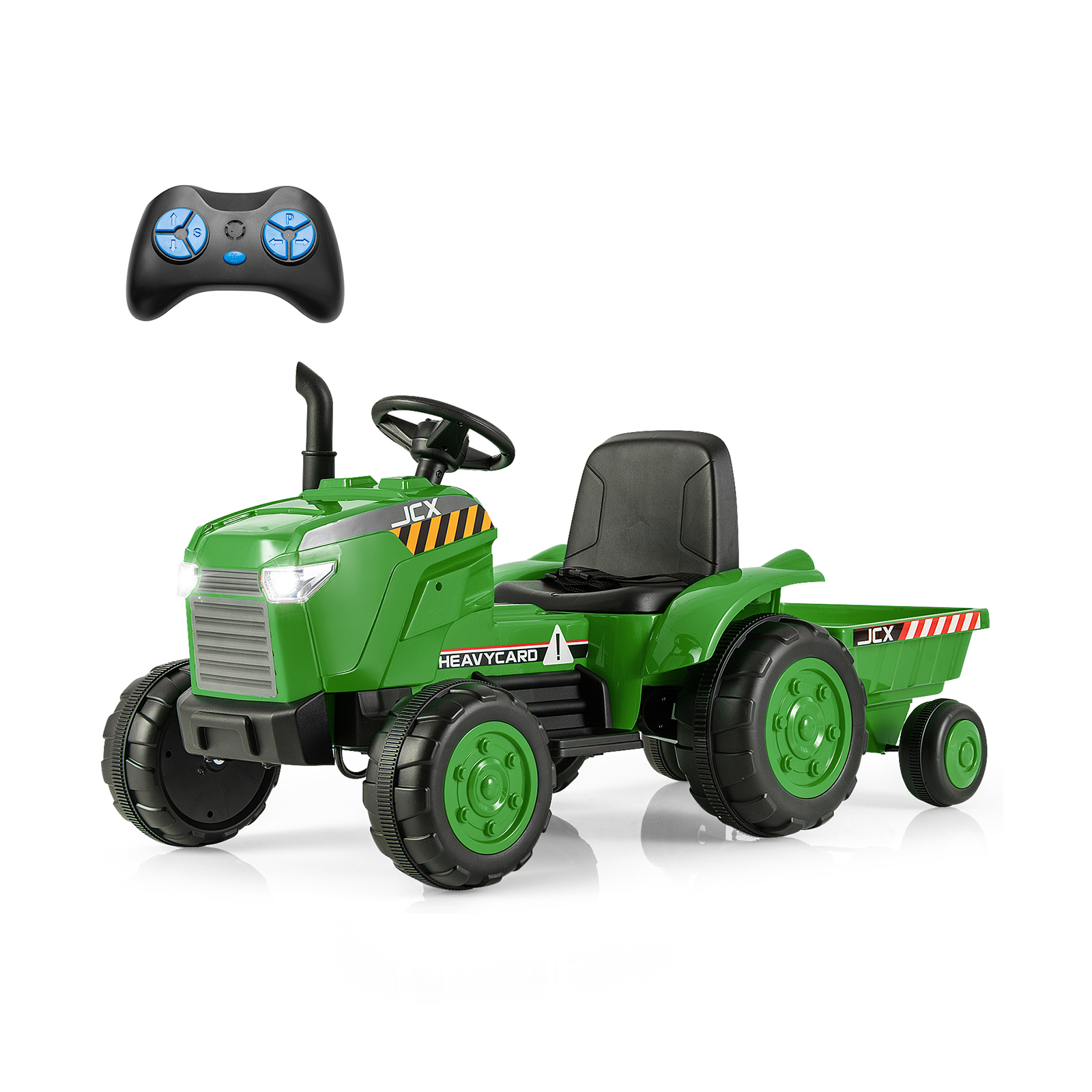 12V Kids Ride On Tractor with Trailer with Remote Control and Lights and Horn-Green