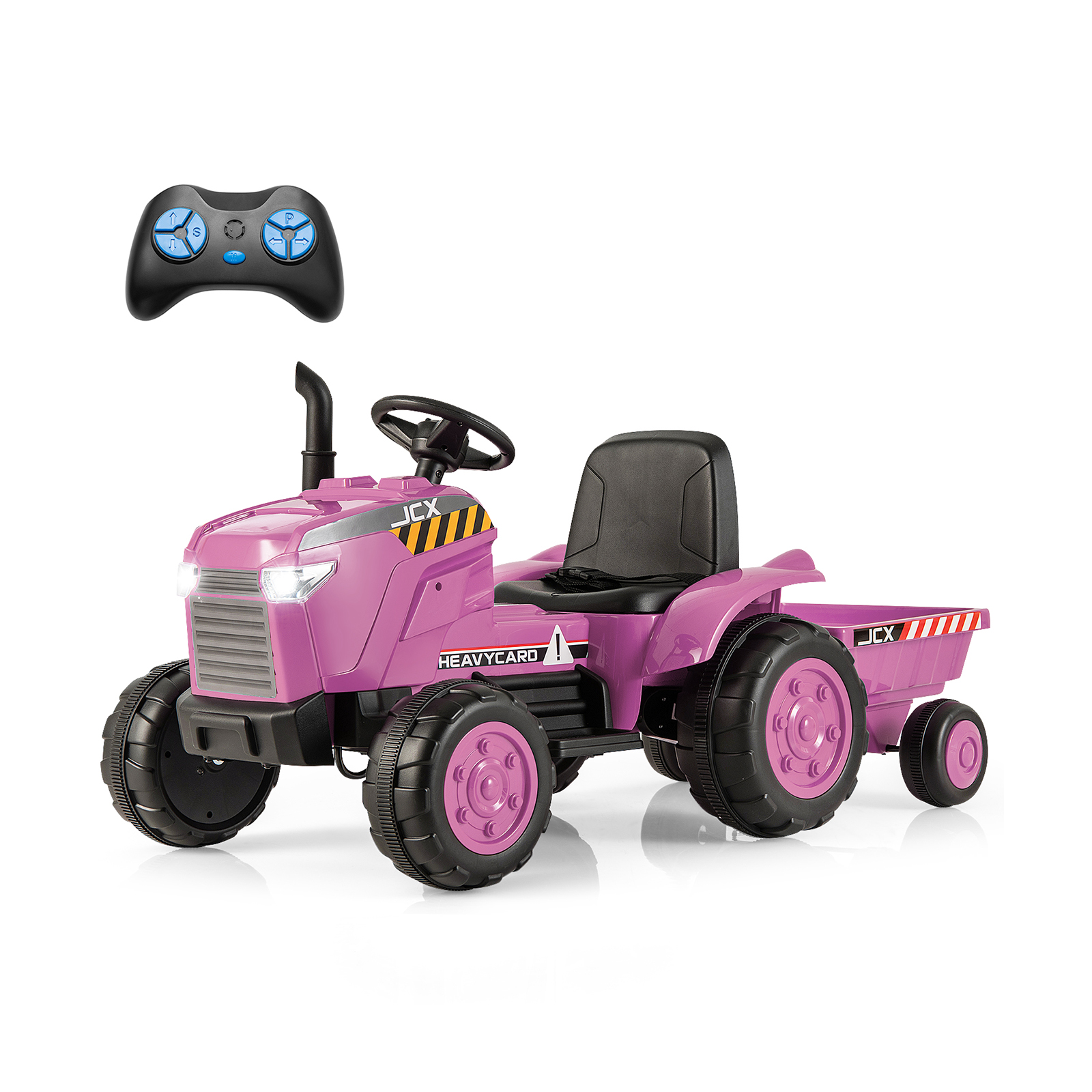 12V Kids Ride On Tractor with Trailer with Remote Control and Lights and Horn-Pink