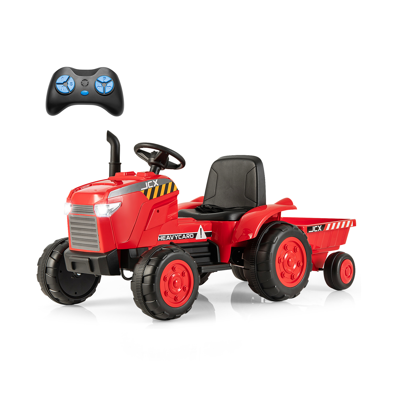 12V Kids Ride On Tractor with Trailer with Remote Control and Lights and Horn-Red