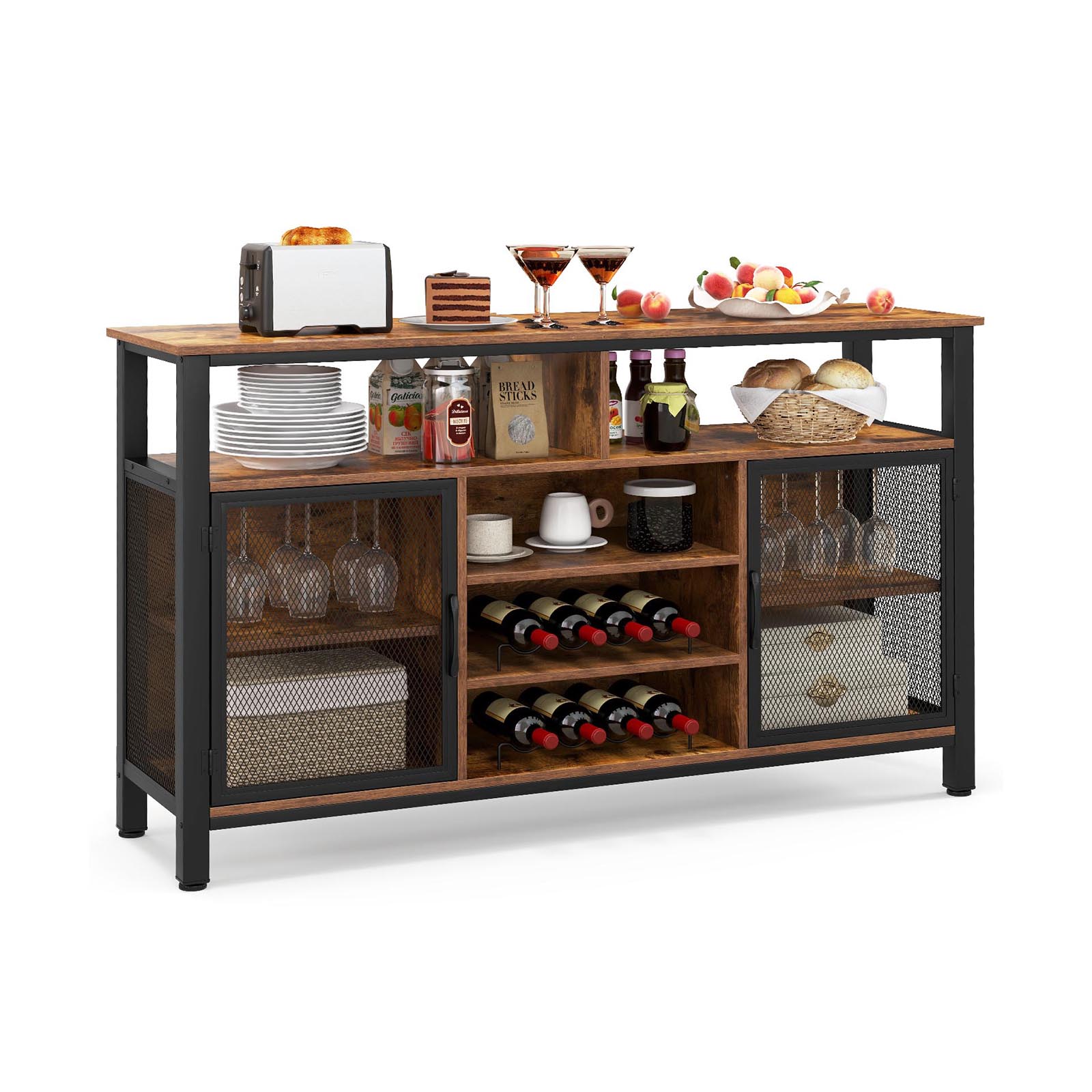 140cm Buffet Sideboard with 8-Bottle Wine Racks and 6 Rows of Wine Glass Holders-Rustic Brown