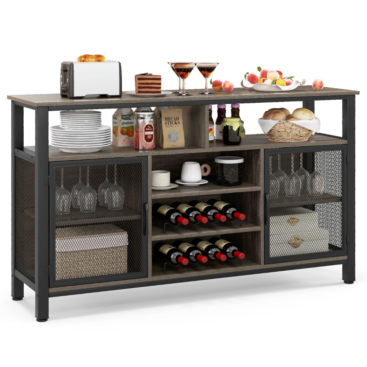 140cm Buffet Sideboard with 8-Bottle Wine Racks and 6 Rows of Wine Glass Holders-Grey