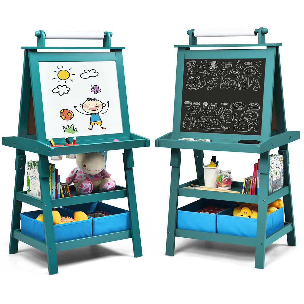 Children's Double-Sided Art Easel with Paper Roll-Blue