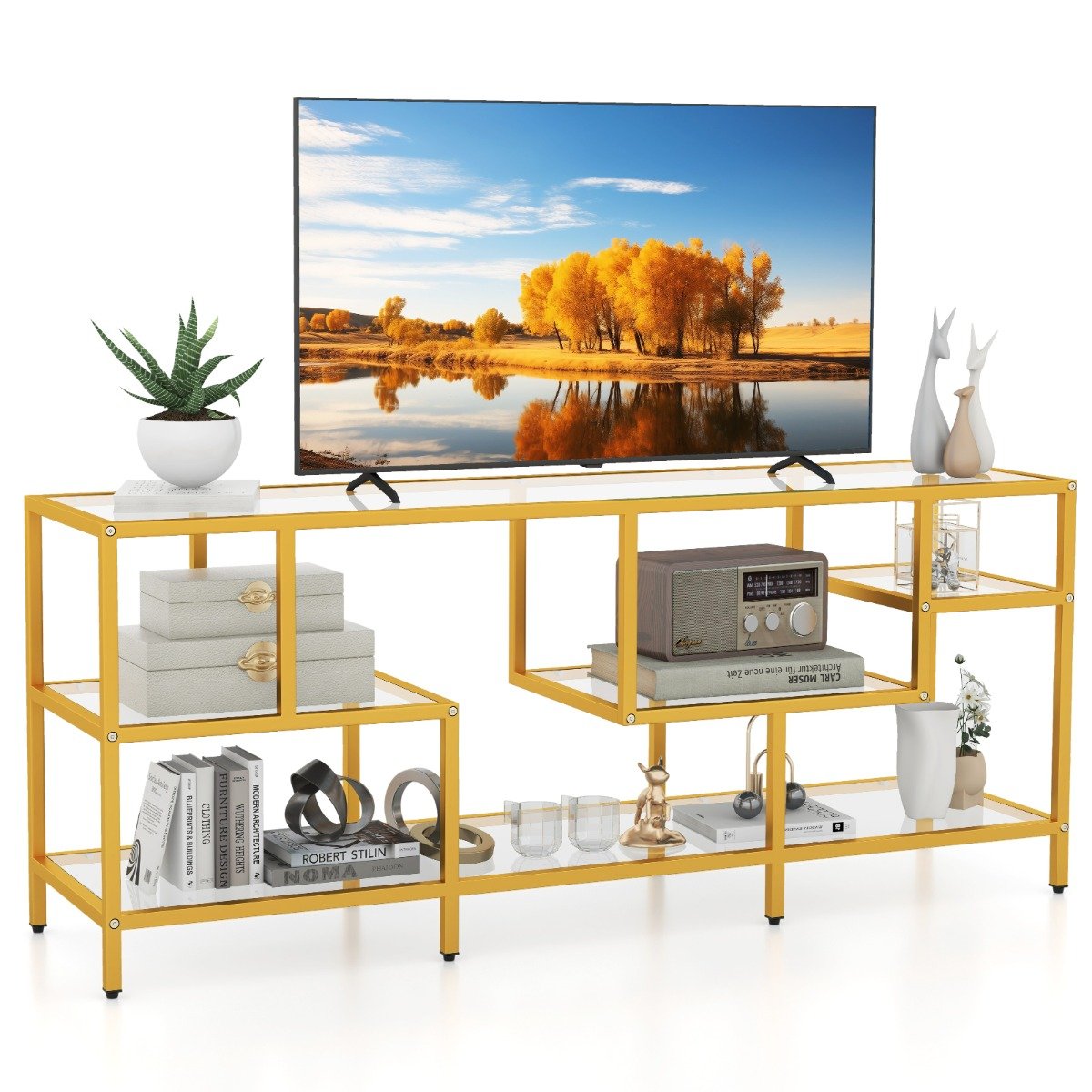 147cm TV Console Table with Tempered Glass Shelves-Golden