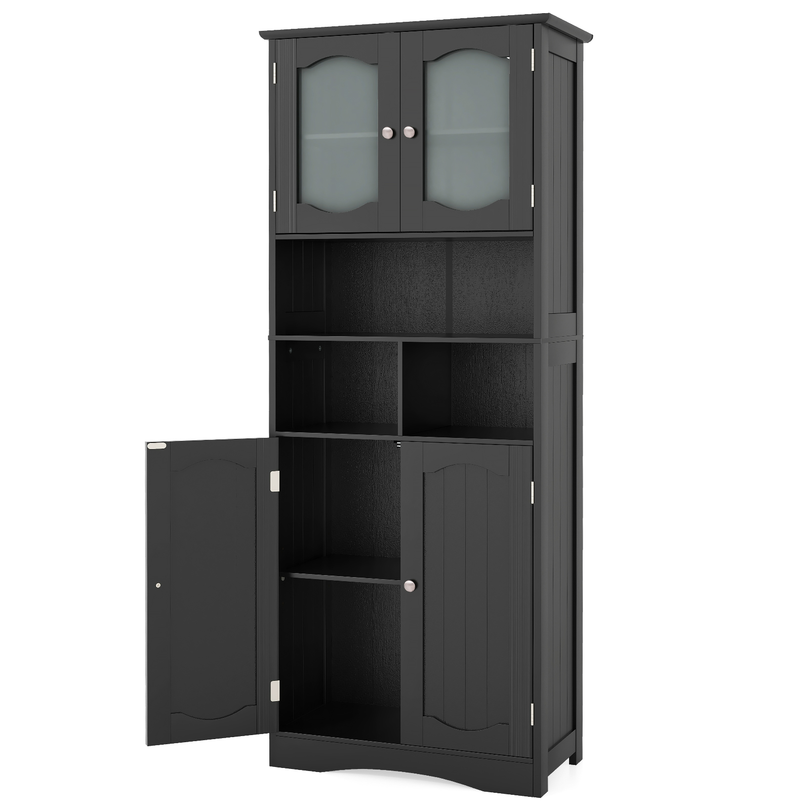 148cm Tall Bathroom Cabinet Storage Cabinet with Glass Doors-Black