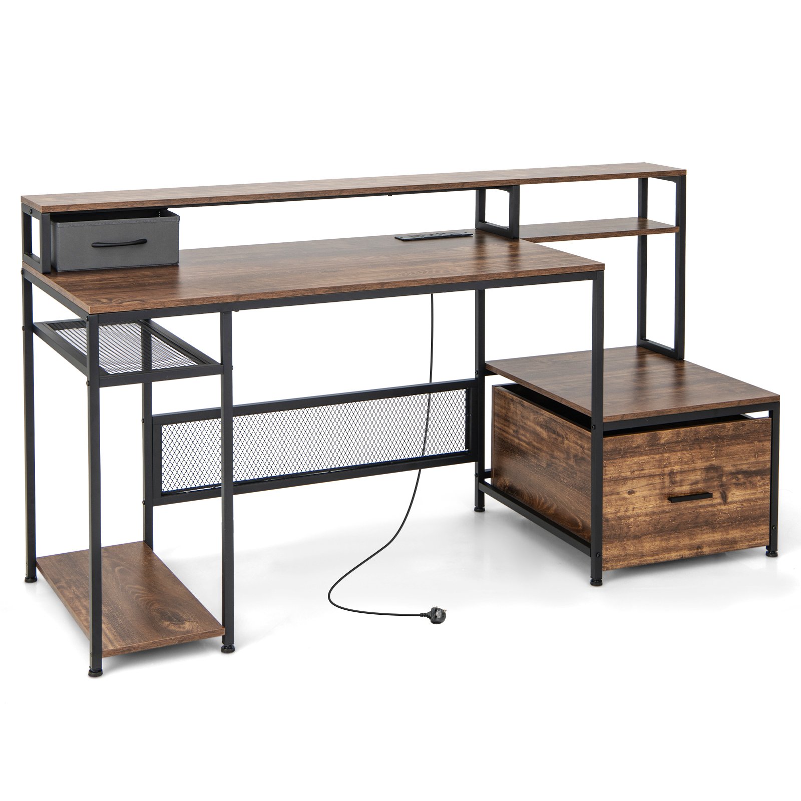 170 CM Computer Desk with Monitor Stand and File Drawer-Rustic Brown