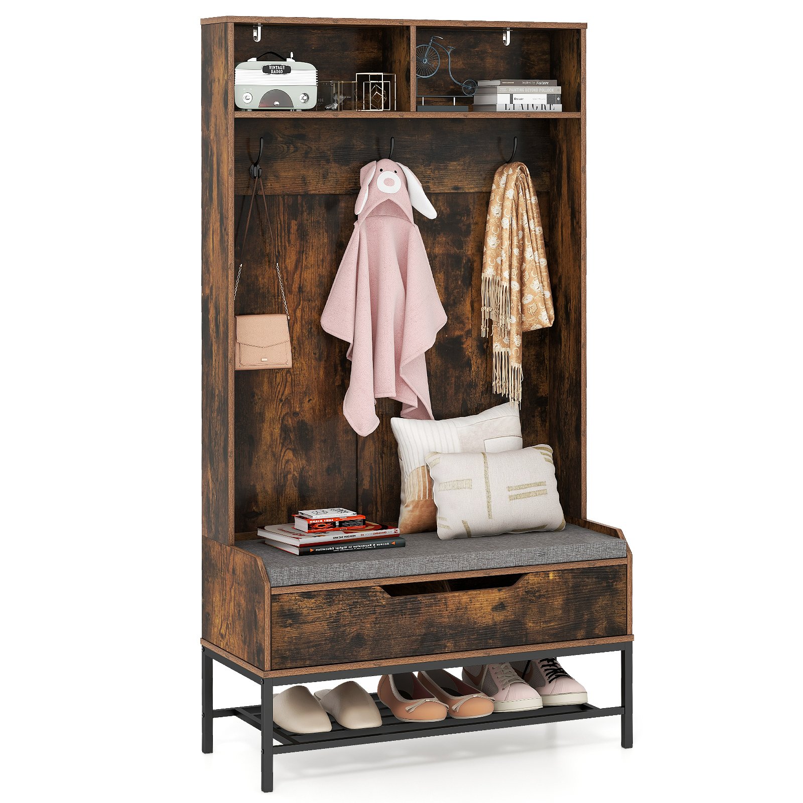 4-in-1 Coat Rack with Seat Cushion and Open Compartments-Rustic Brown