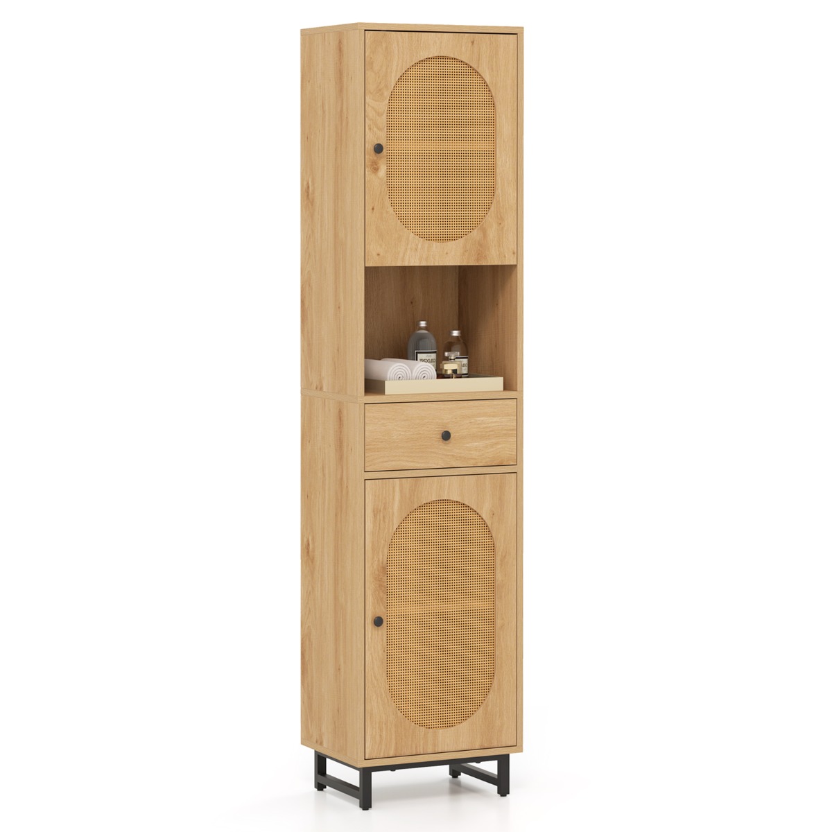 170cm Tall Bathroom Cabinet with 2 Doors and Open Compartment-Natural