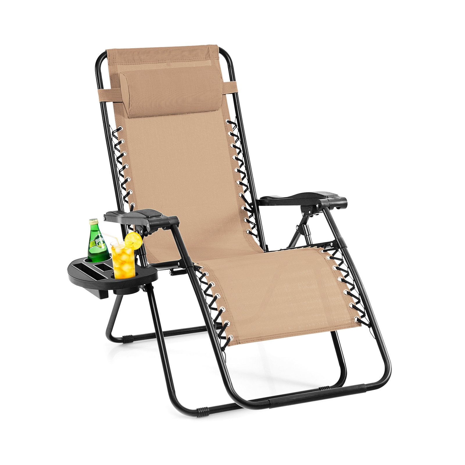 Folding Patio Recliners with Removable Headrest and Cup Holder-Beige