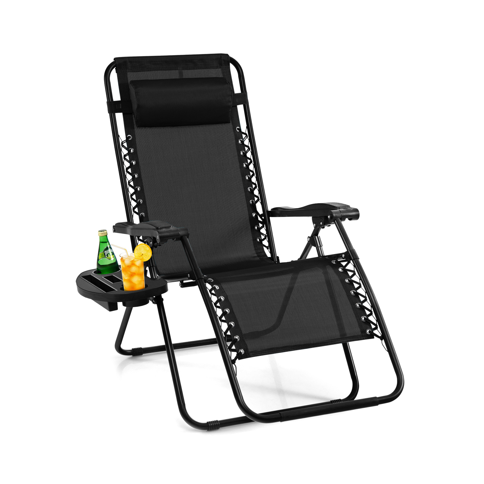 Folding Patio Recliners with Removable Headrest and Cup Holder-Black