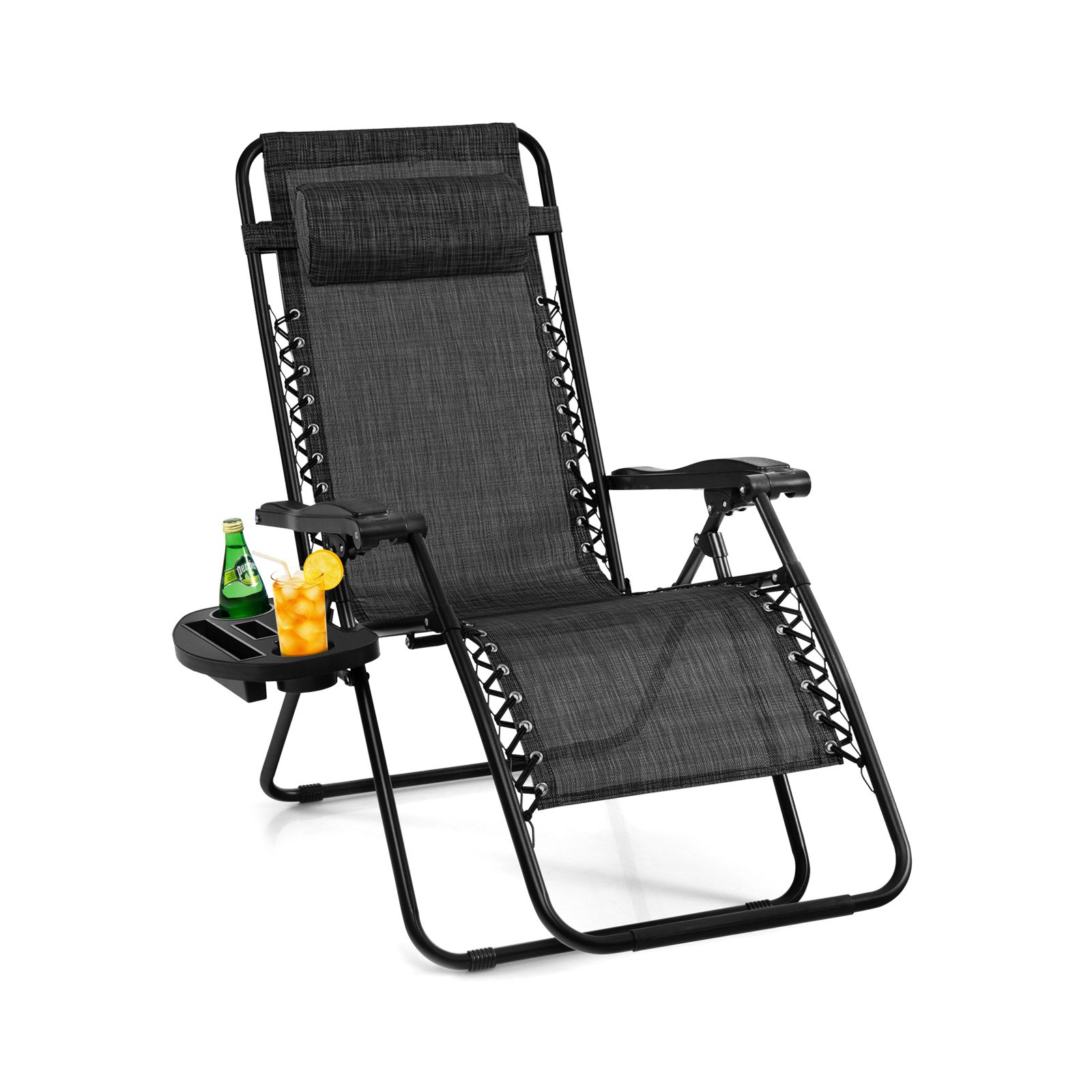 Folding Patio Recliners with Removable Headrest and Cup Holder-Grey