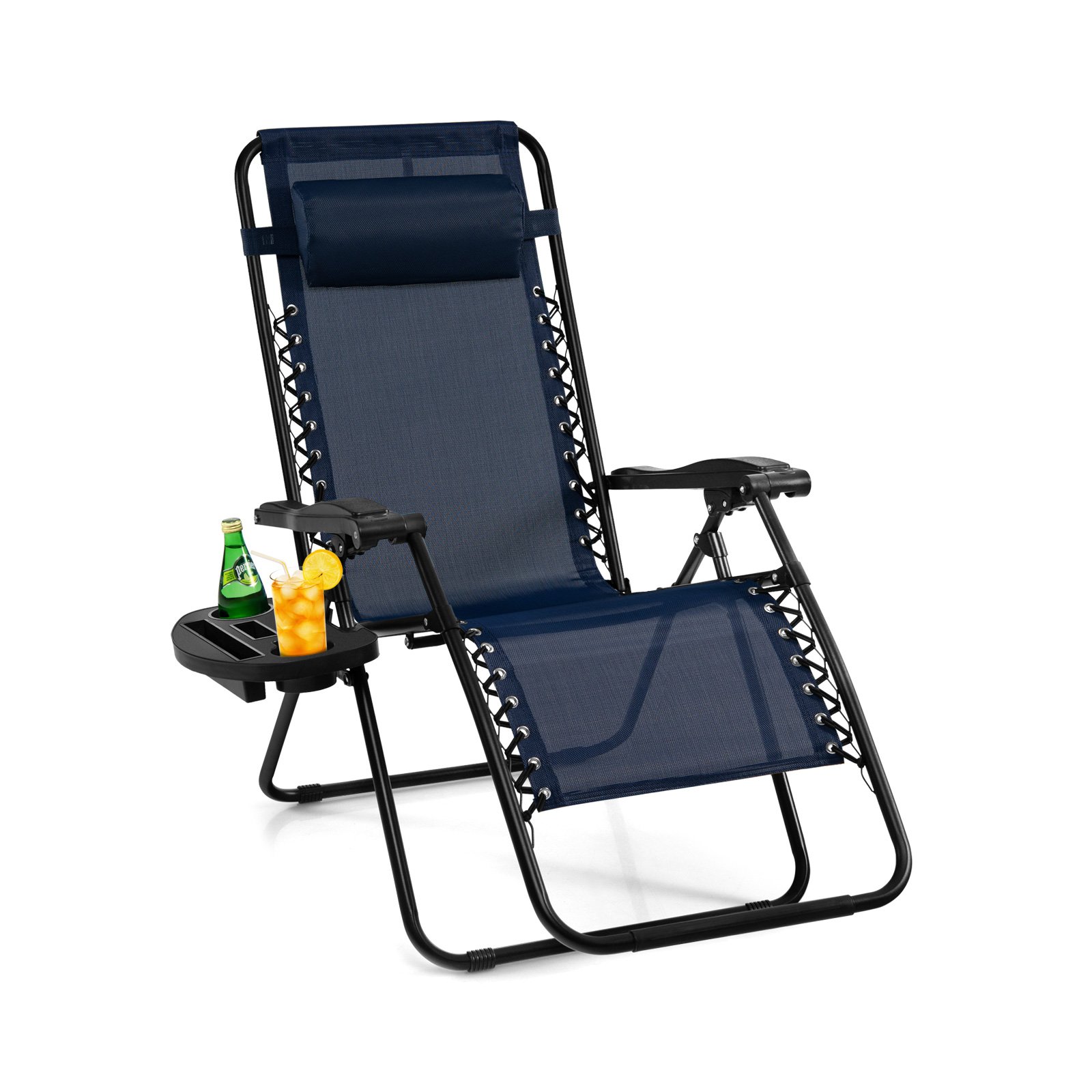 Folding Patio Recliners with Removable Headrest and Cup Holder-Navy