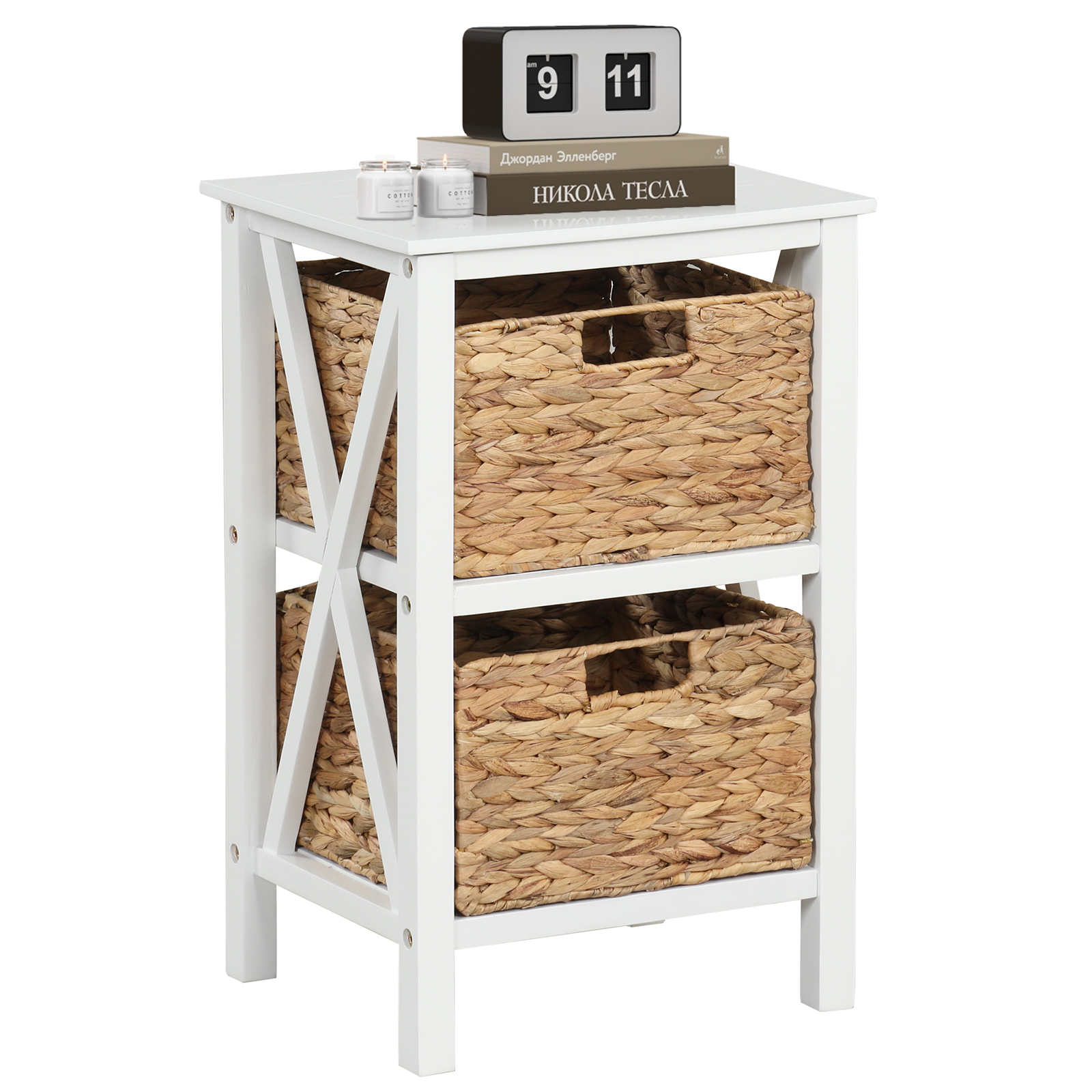 Sofa Side Table with Seagrass Baskets and Rubber Wood X-Shaped Frames and Acacia Wood Legs-White-2-Tier