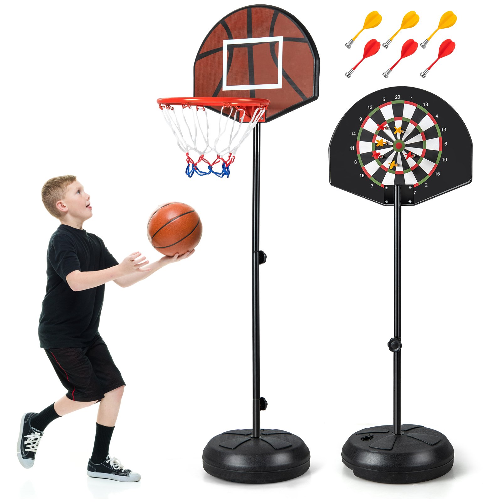 2-in-1 Kids Height Adjustable Basketball Hoop with Dart Board 6 Darts and Fillable Base