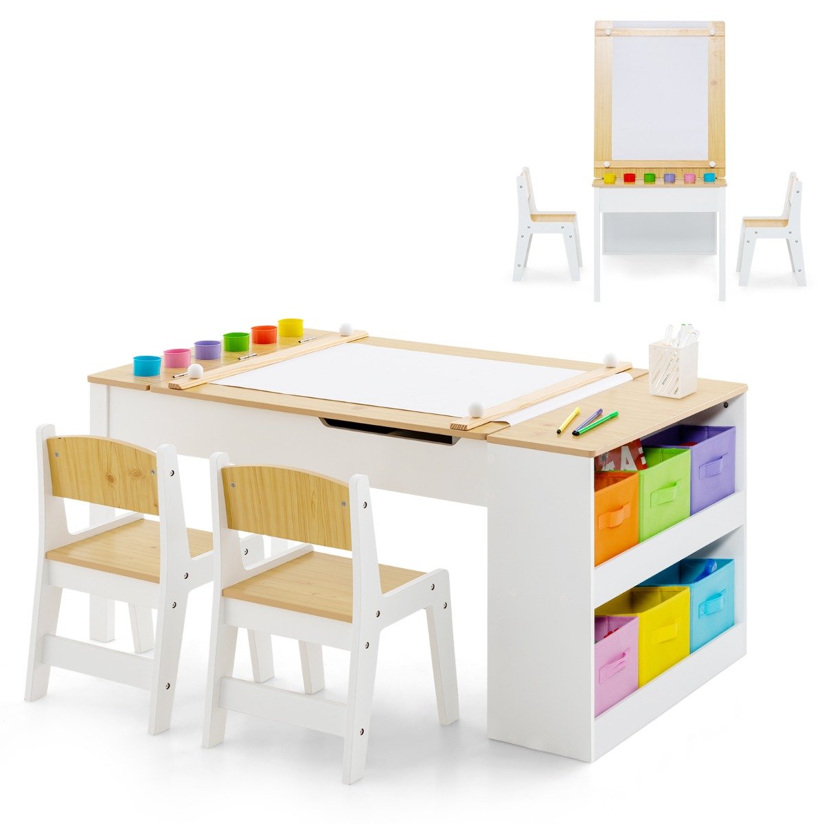 2-in-1 Kids Art Table Set with Chairs-Natural