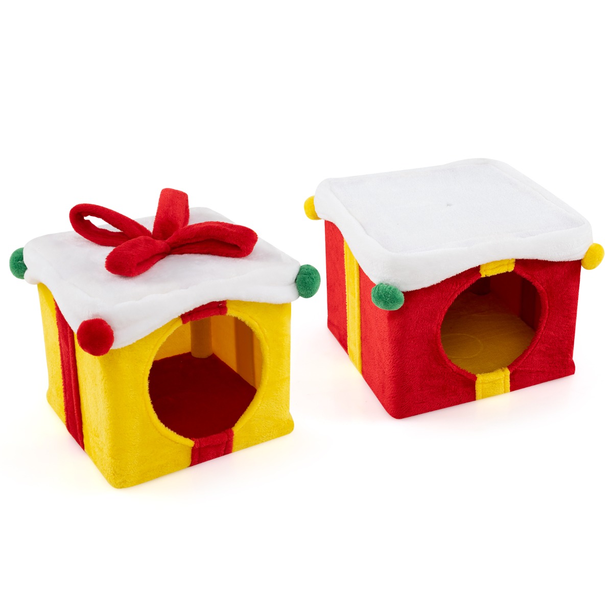 Indoor 2-Storey Cute Christmas Cat House with Bow-Colourful