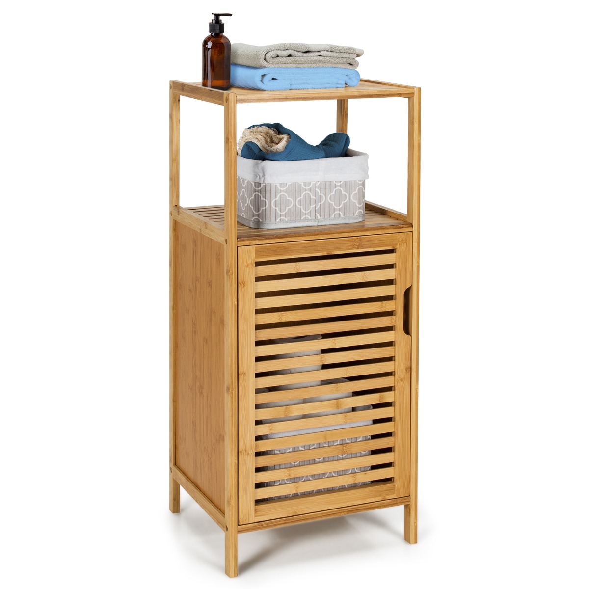 2-Tier Bamboo Bathroom Storage Cabinet with Single Door and Open Shelves-Natural