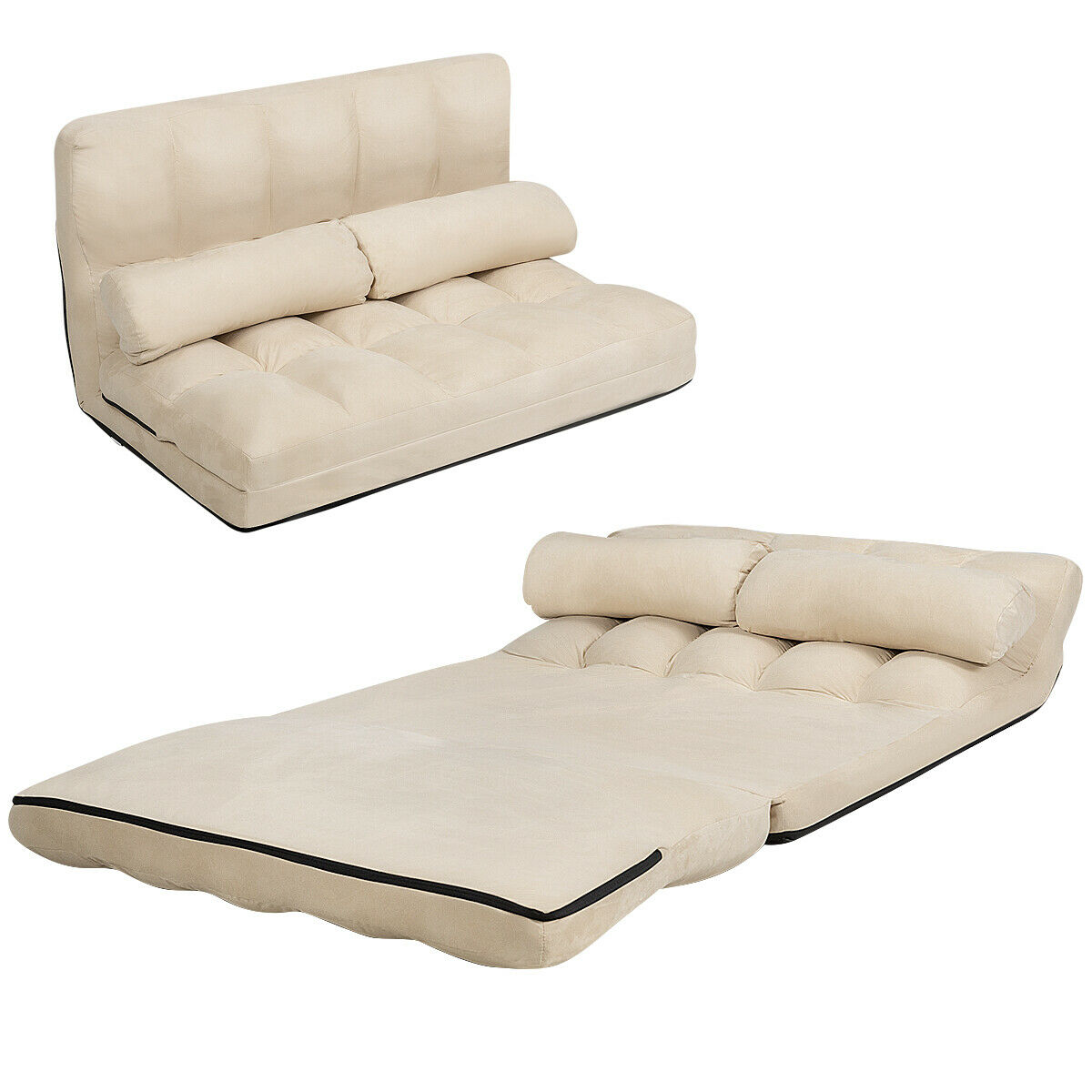 2 in 1 Folding Floor Lazy Sofa Bed with 6 Adjustable Seat Positions and 2 Pillows-Beige