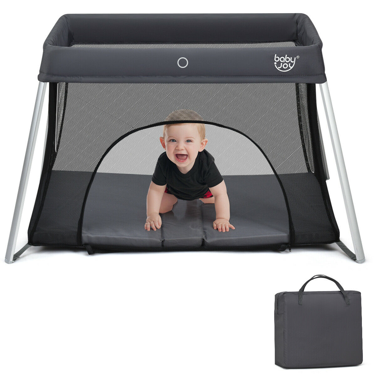 Lightweight Folding Playpen with Zipper Access Door-Grey