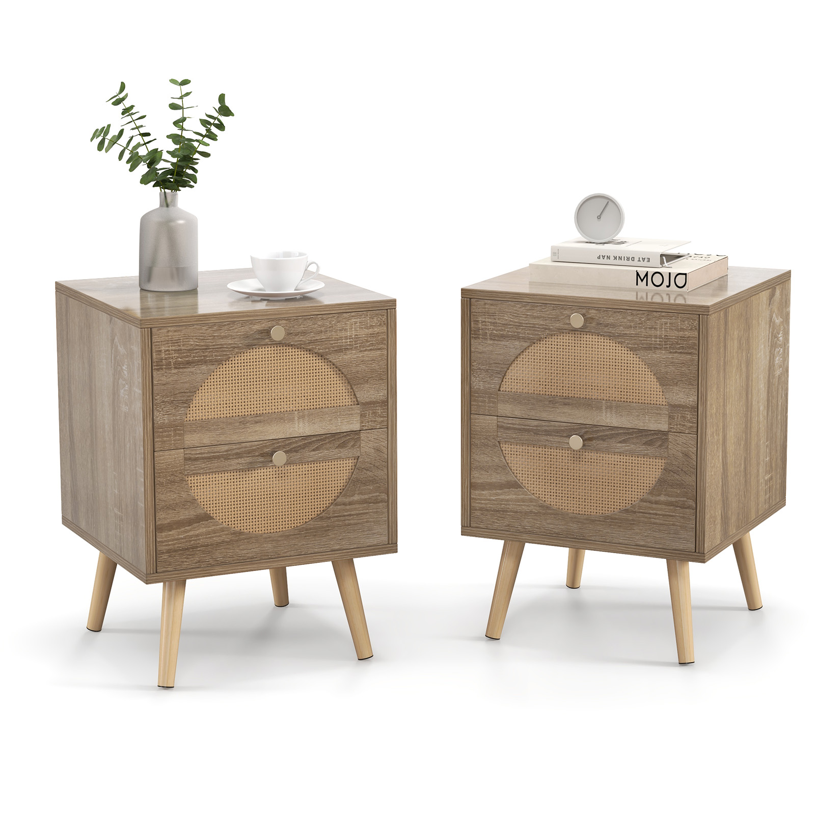 2Pcs Bohemian Style Rattan Nightstand with 2 Drawers-Natural