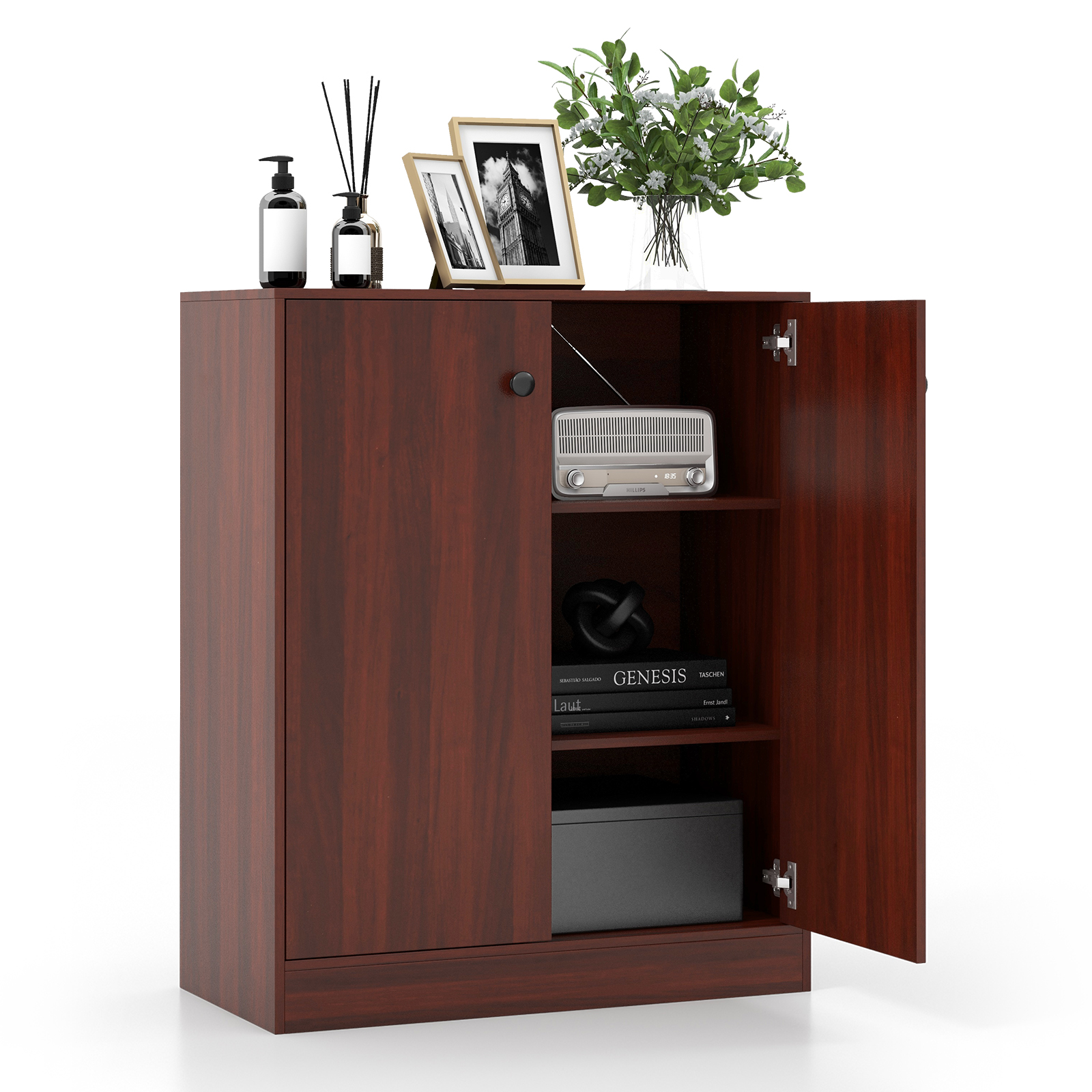 2-Door Storage Cabinet with 3 Shelves-Brown