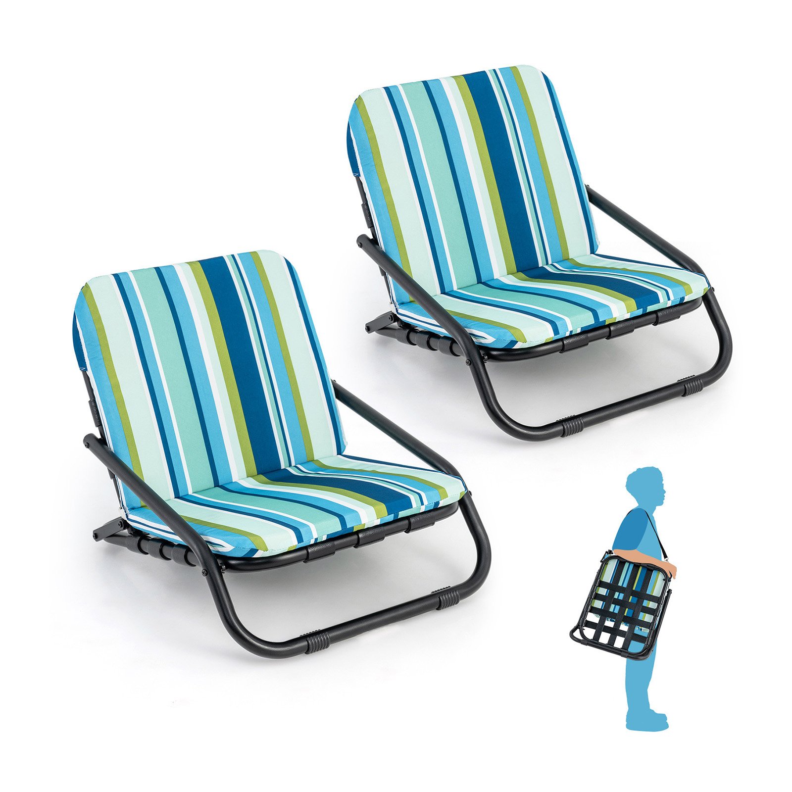 2 Pack Low Folding Beach Chairs with Cushion and Shoulder Straps-Blue