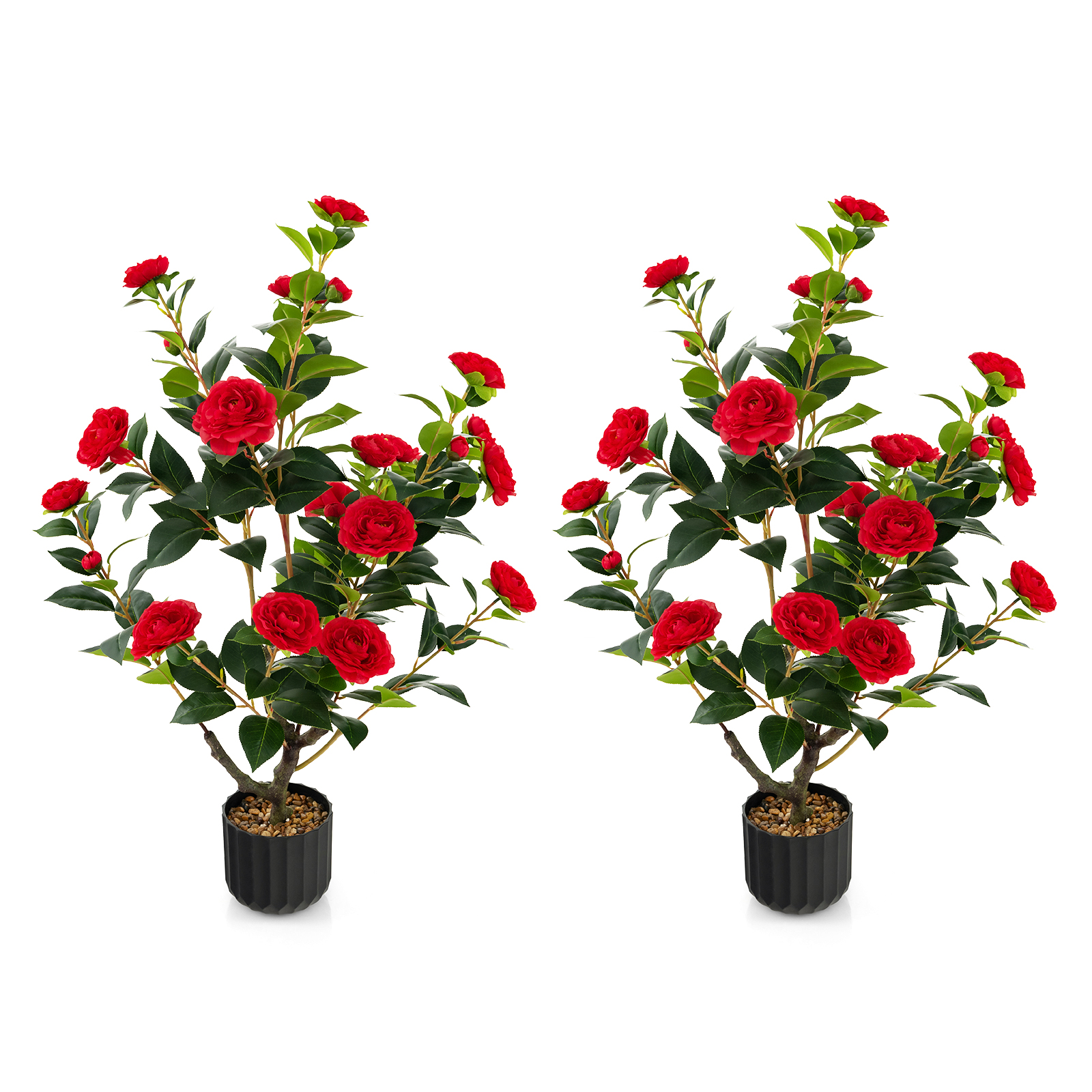 1/2 Pieces 95cm Artificial Camellia Tree with Flowers and Rain-Flower Pebbles-Red-2 Pieces