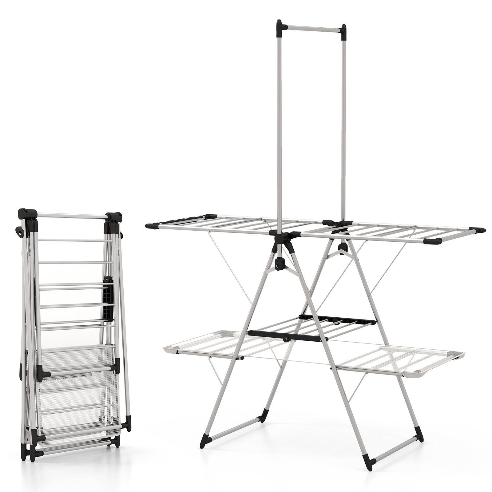 2-Tier Foldable Laundry Drying Rack with Tall Hanging Bar