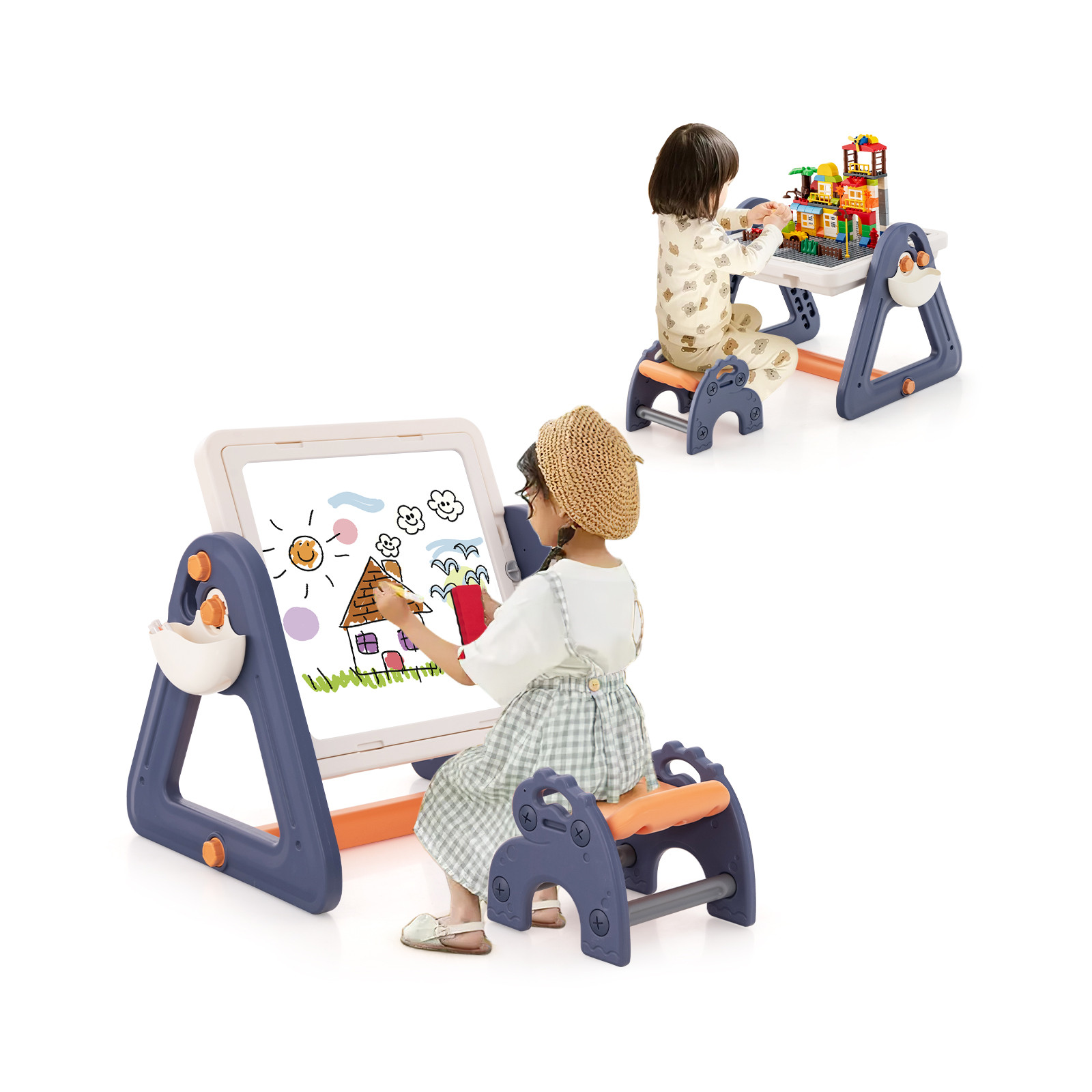 2-in-1 Kids Art Table & Easel with Rotatable & Removable Desktop