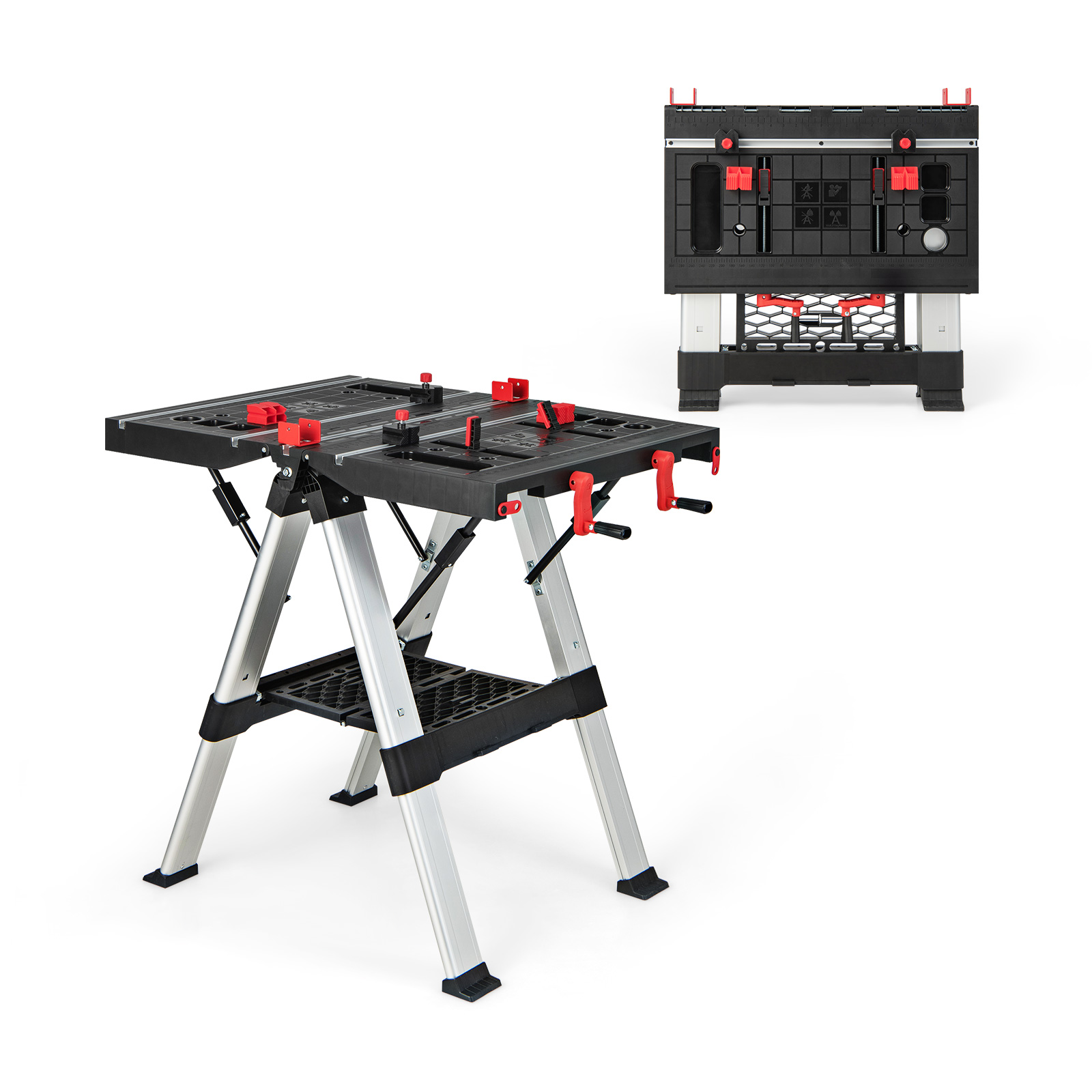 2 in 1 Portable Folding Work Bench Sawhorse Worktable with Adjustable Height-Red