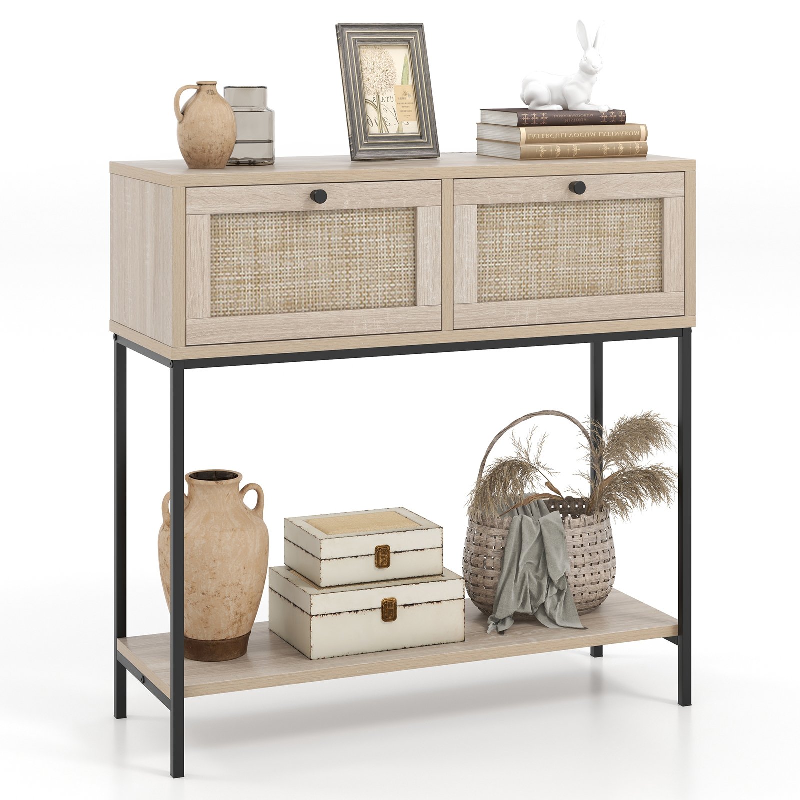 2-Tier Console Table with Rattan Drawers and Open Storage Shelf-Oak