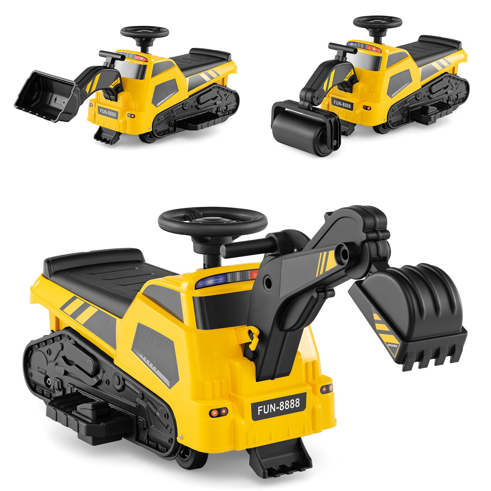 3-in-1 Ride on Tractor Electric Excavator Bulldozer Roller with Adjustable Arms-Yellow