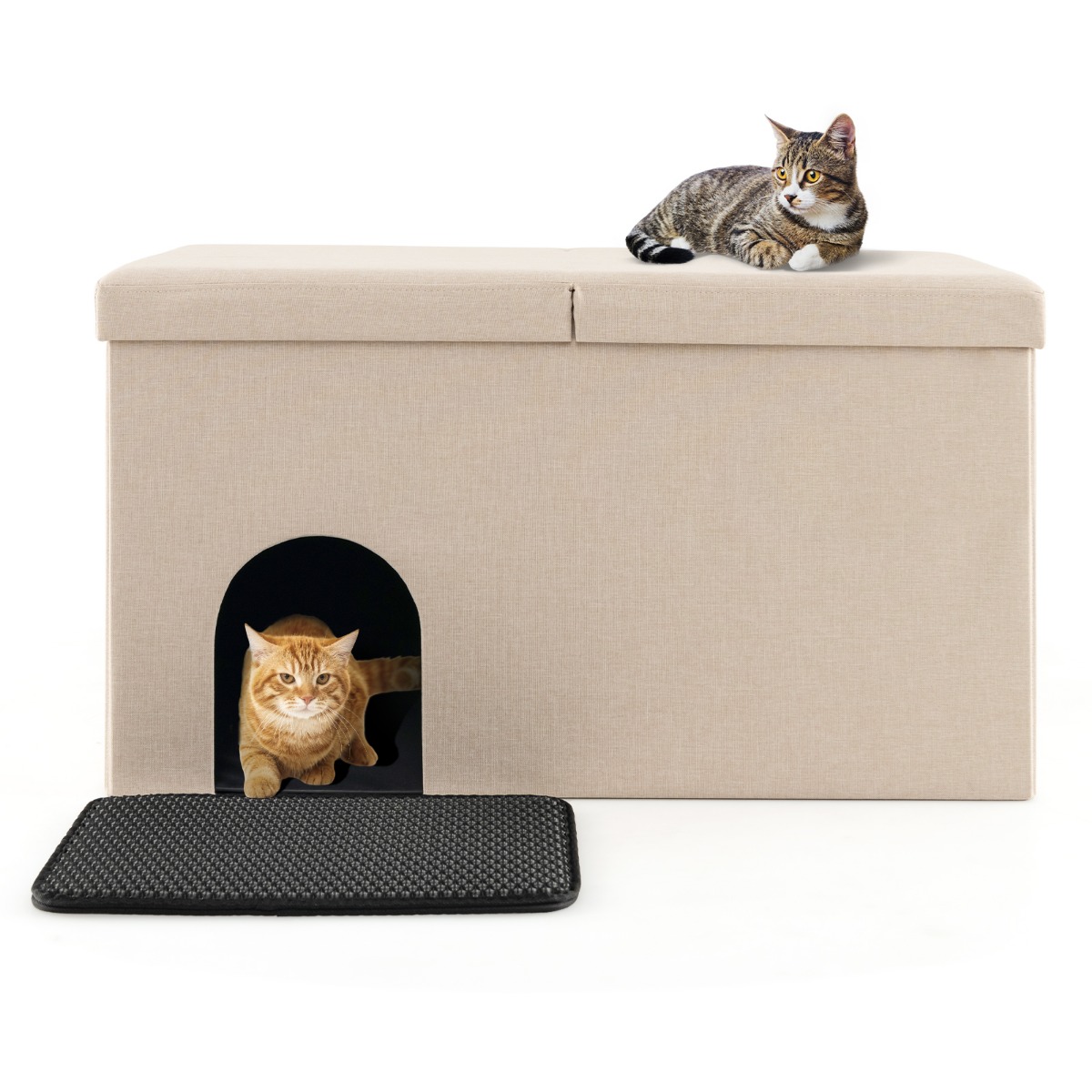 3-in-1 Hidden Cat Washroom Ottoman Shoe Bench-Beige