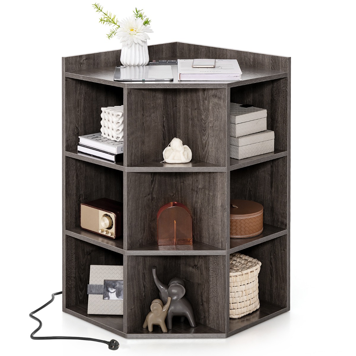 3-Tier Corner Cabinet with Charging Station and 9 Cubbies-Grey