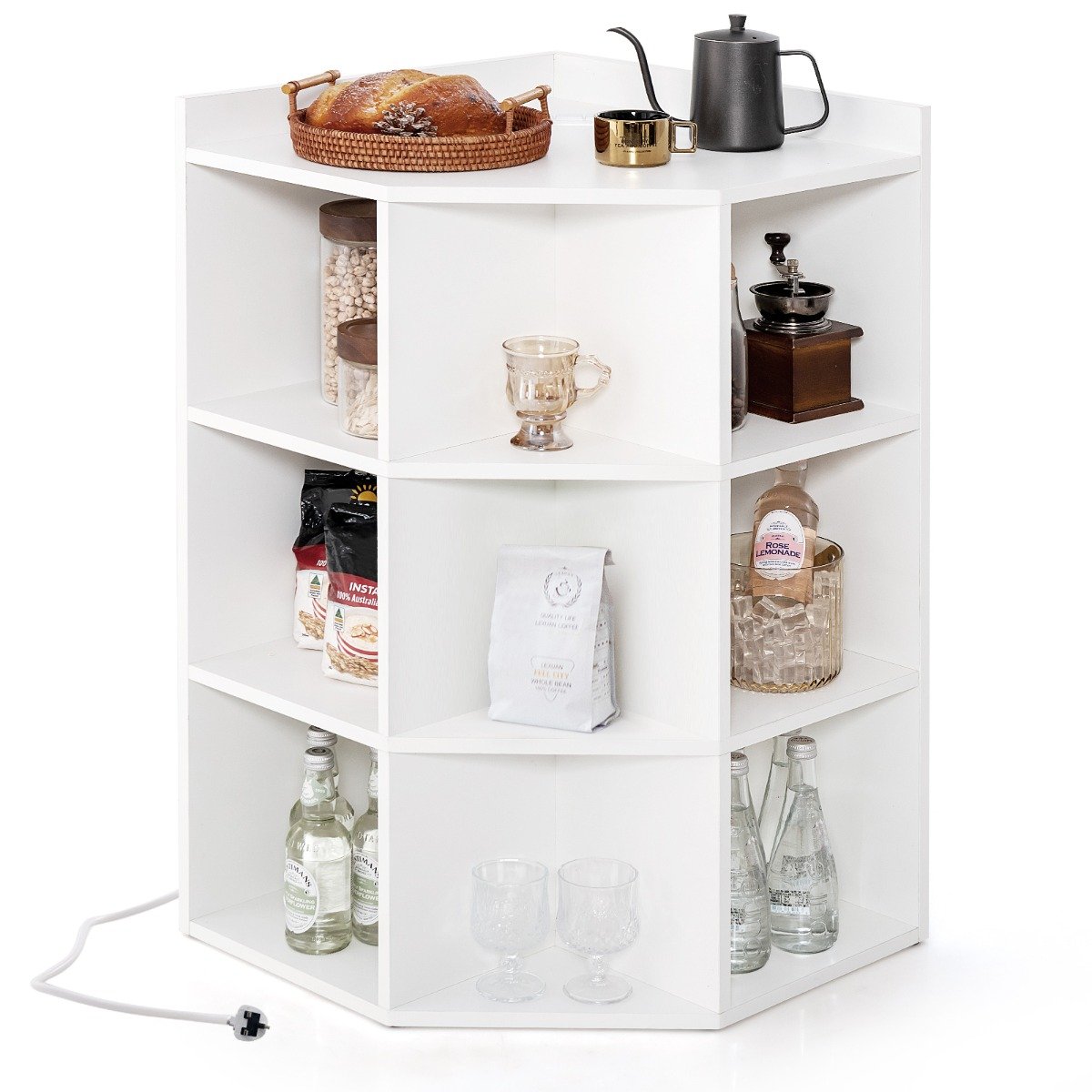 3-Tier Corner Cabinet with Charging Station and 9 Cubbies-White