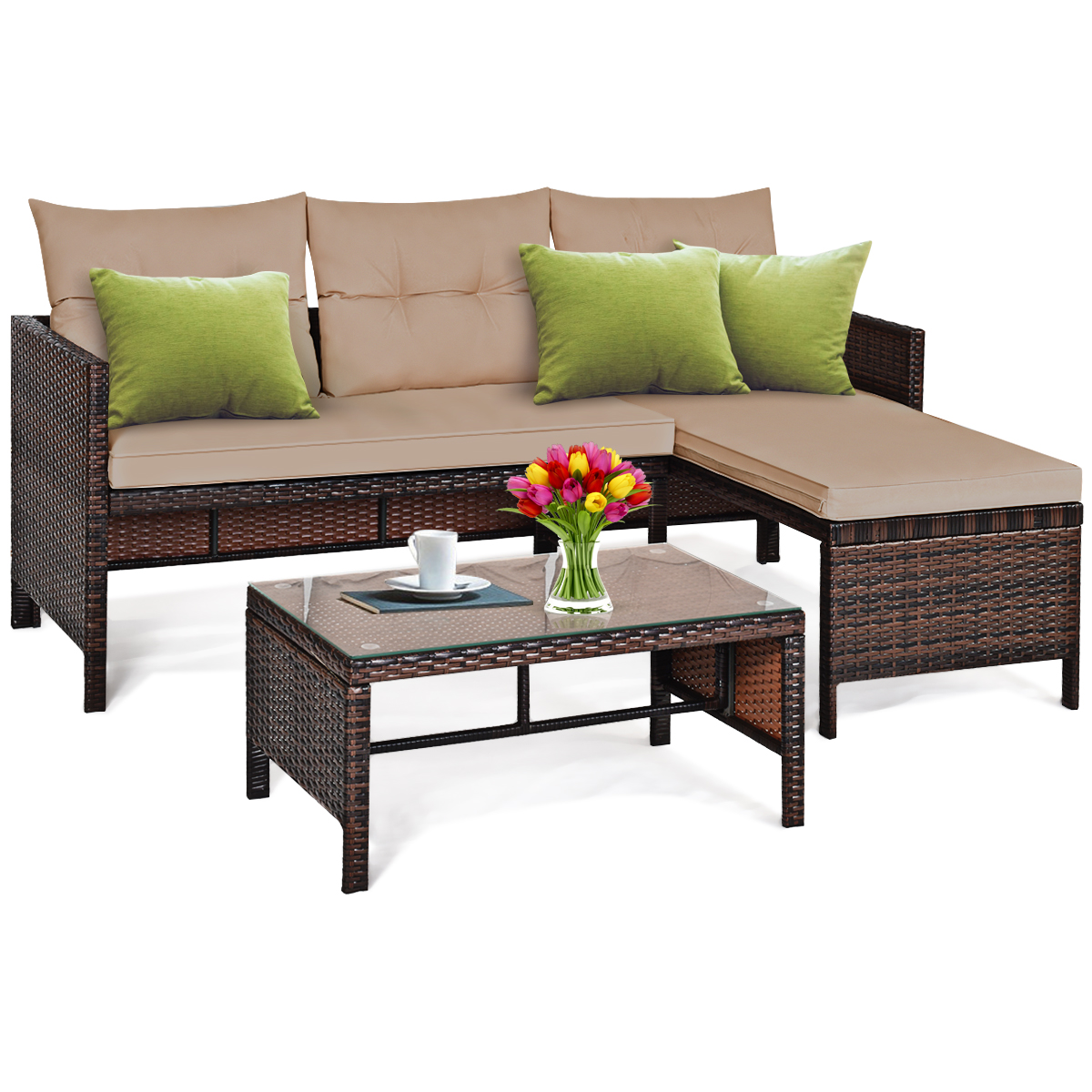 3 Pieces Patio Conversation Bistro Set with Washable Couch Cushion-Brown