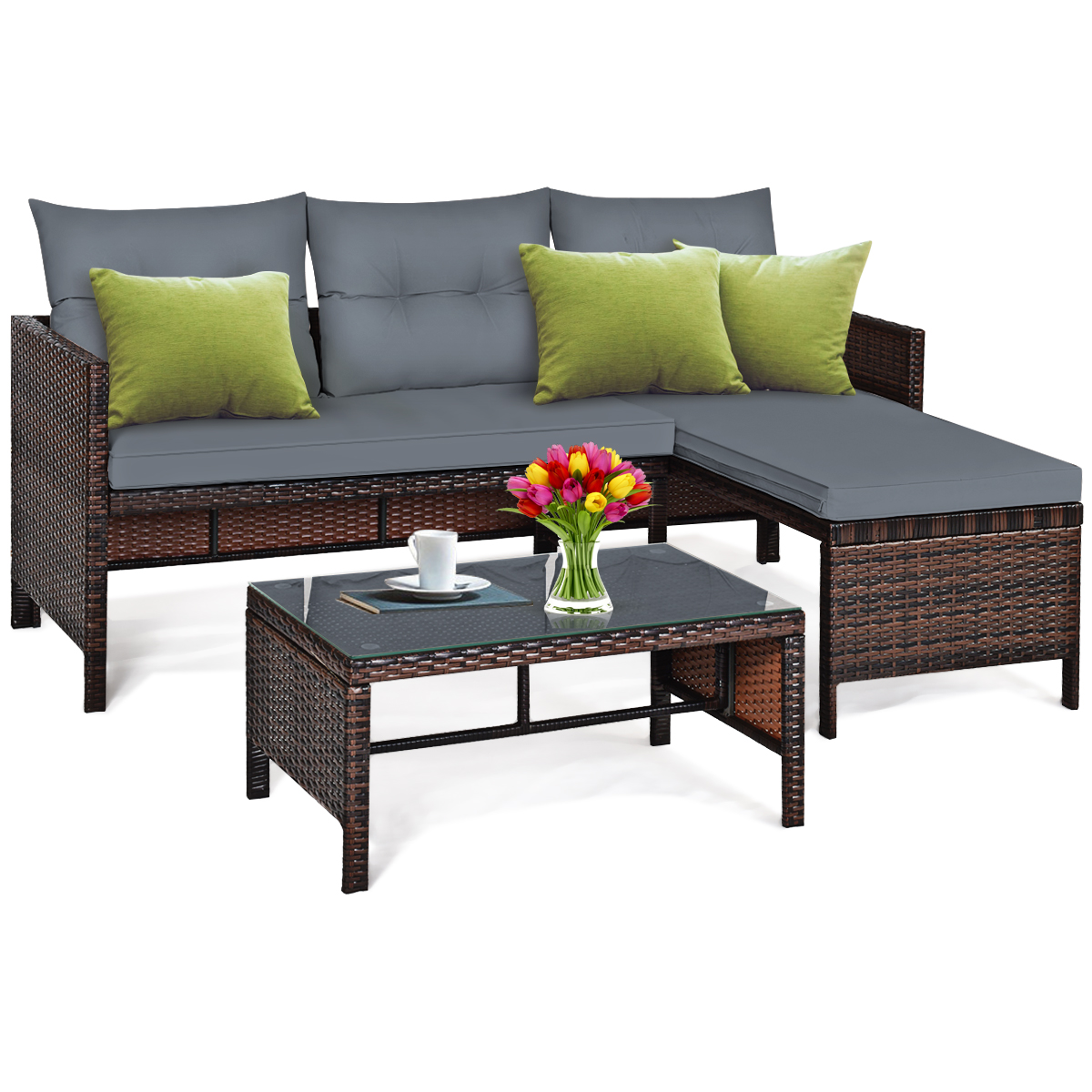 3 Pieces Patio Conversation Bistro Set with Washable Couch Cushion-Grey