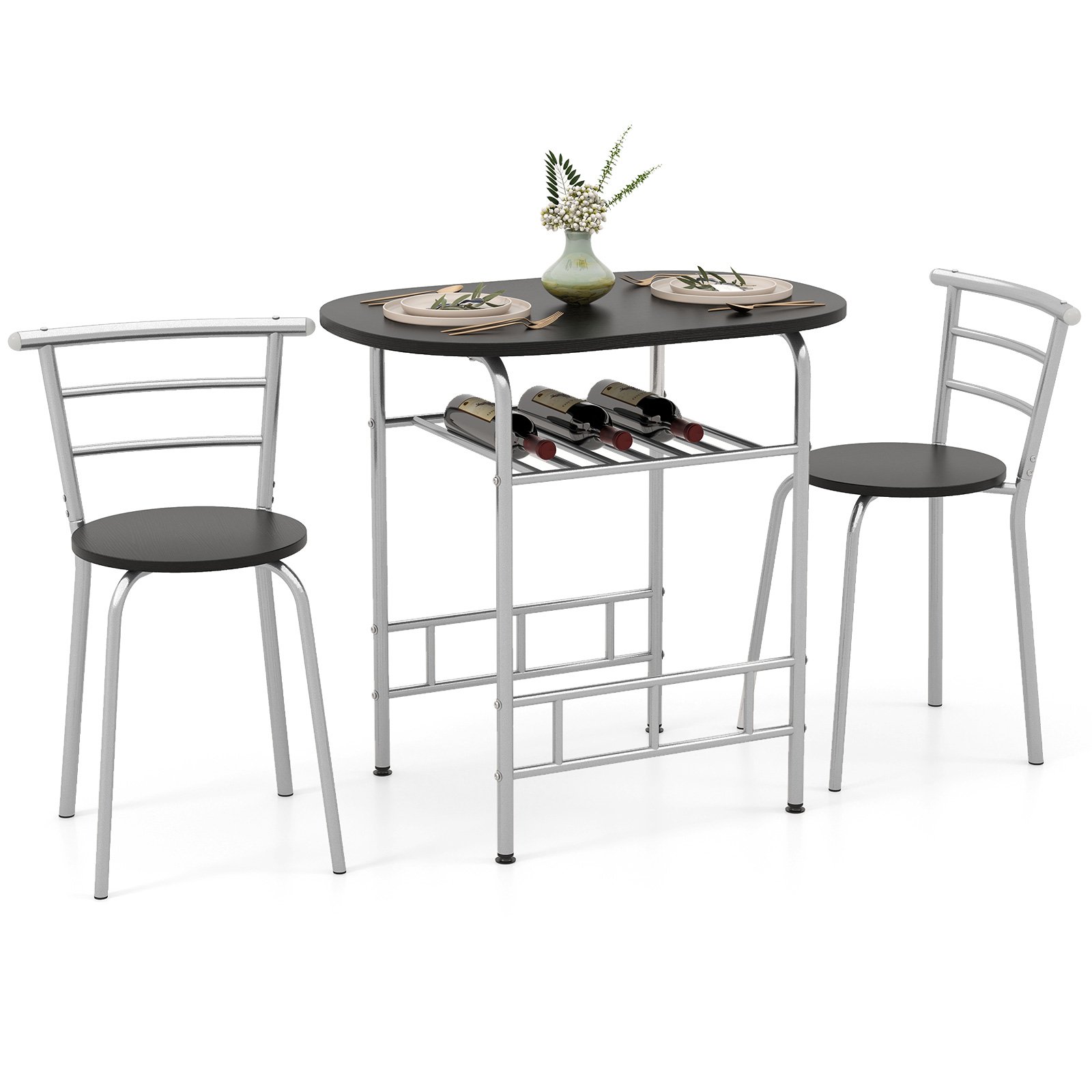 3-Piece Dining Table Set with Extra Wine Rack and Metal Frame-Black & Silver