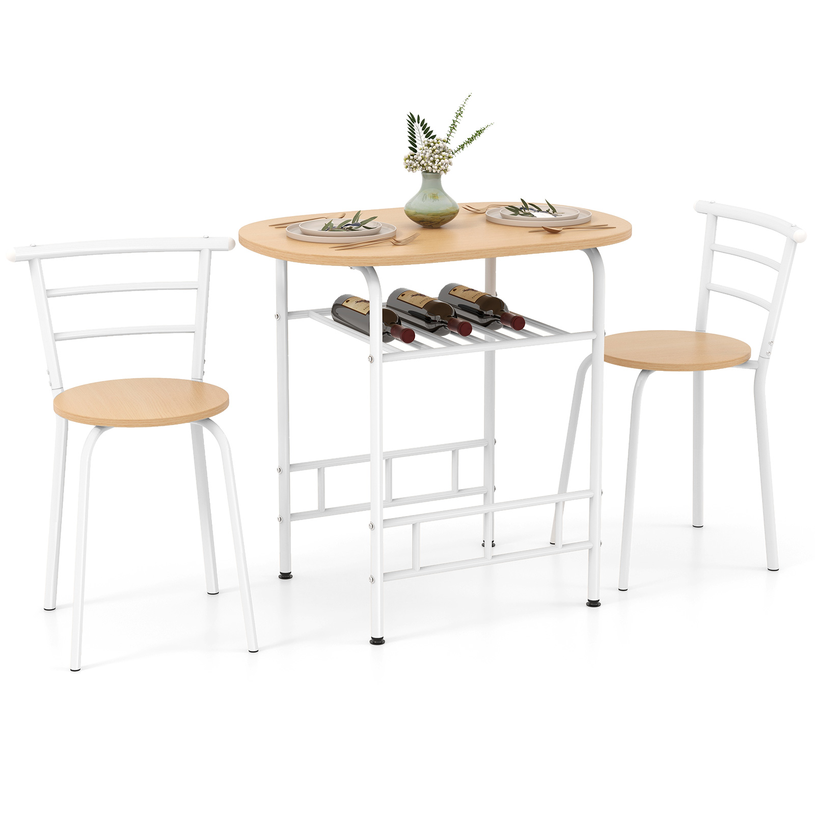 3-Piece Dining Table Set with Extra Wine Rack and Metal Frame-Natural & White