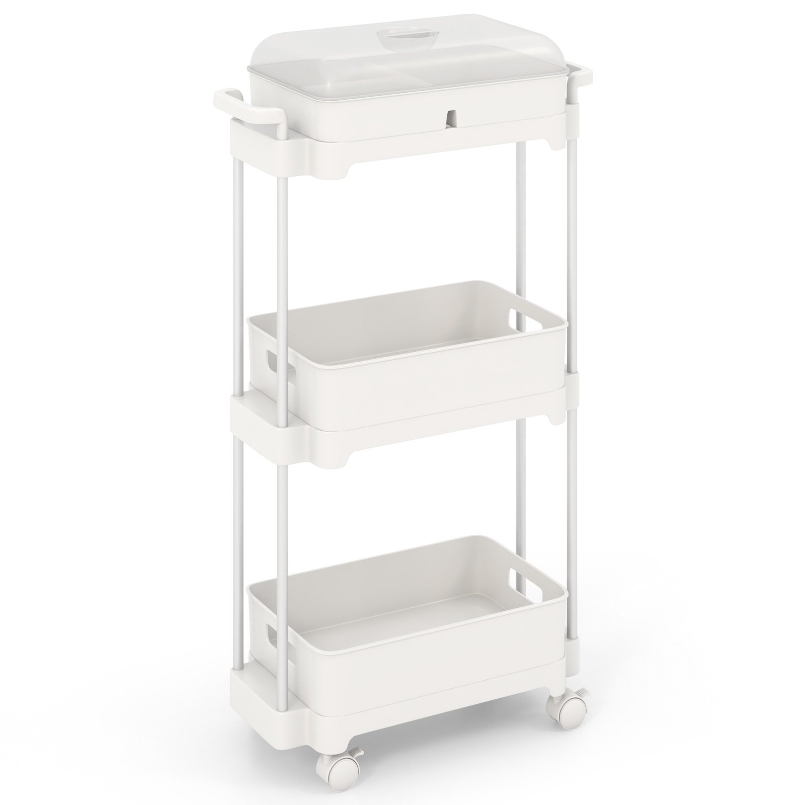 3-Tier Rolling Utility Cart Storage Trolley with Removable Cover and Shelves-White