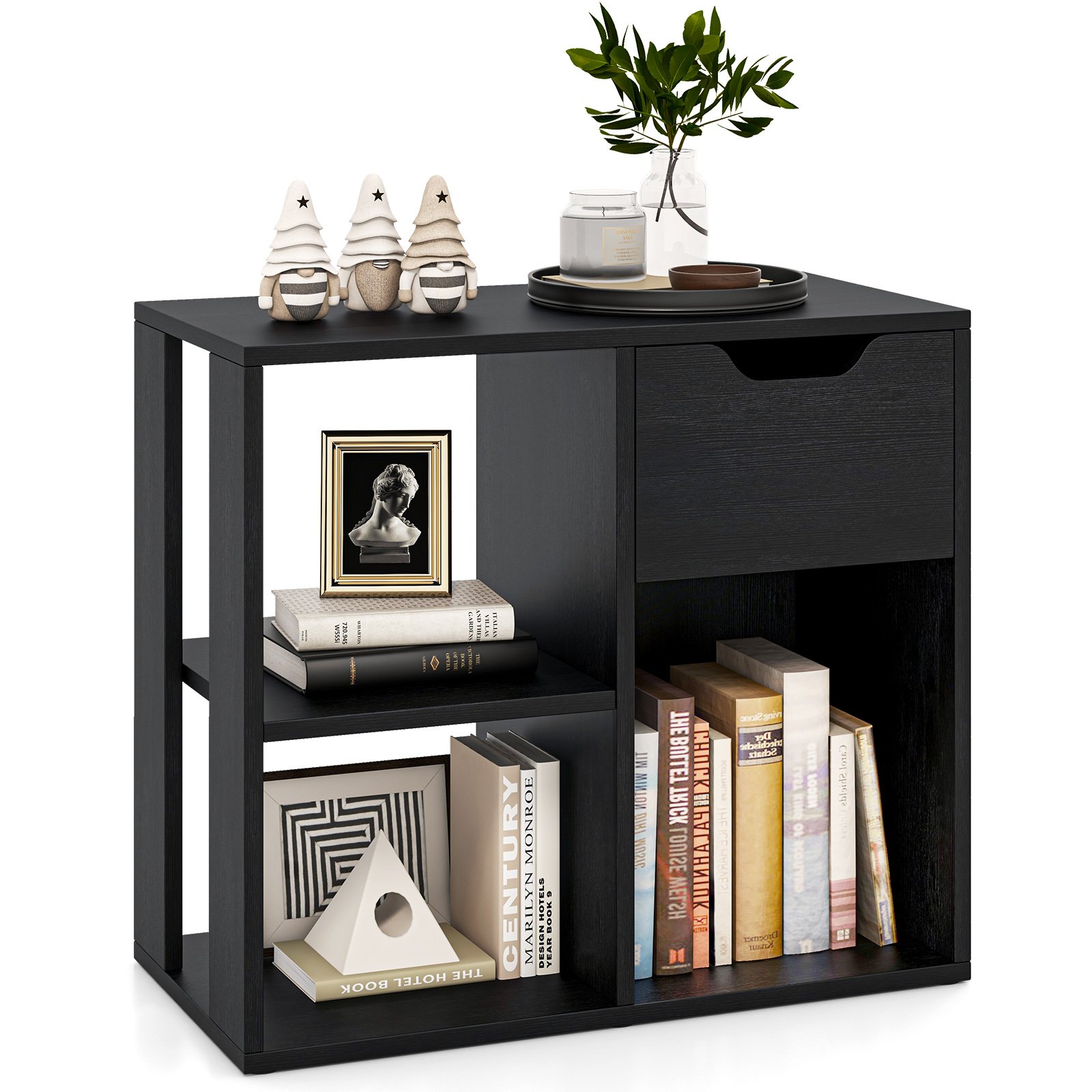 3-Cube Wooden Storage Shelf with Drawer-Black